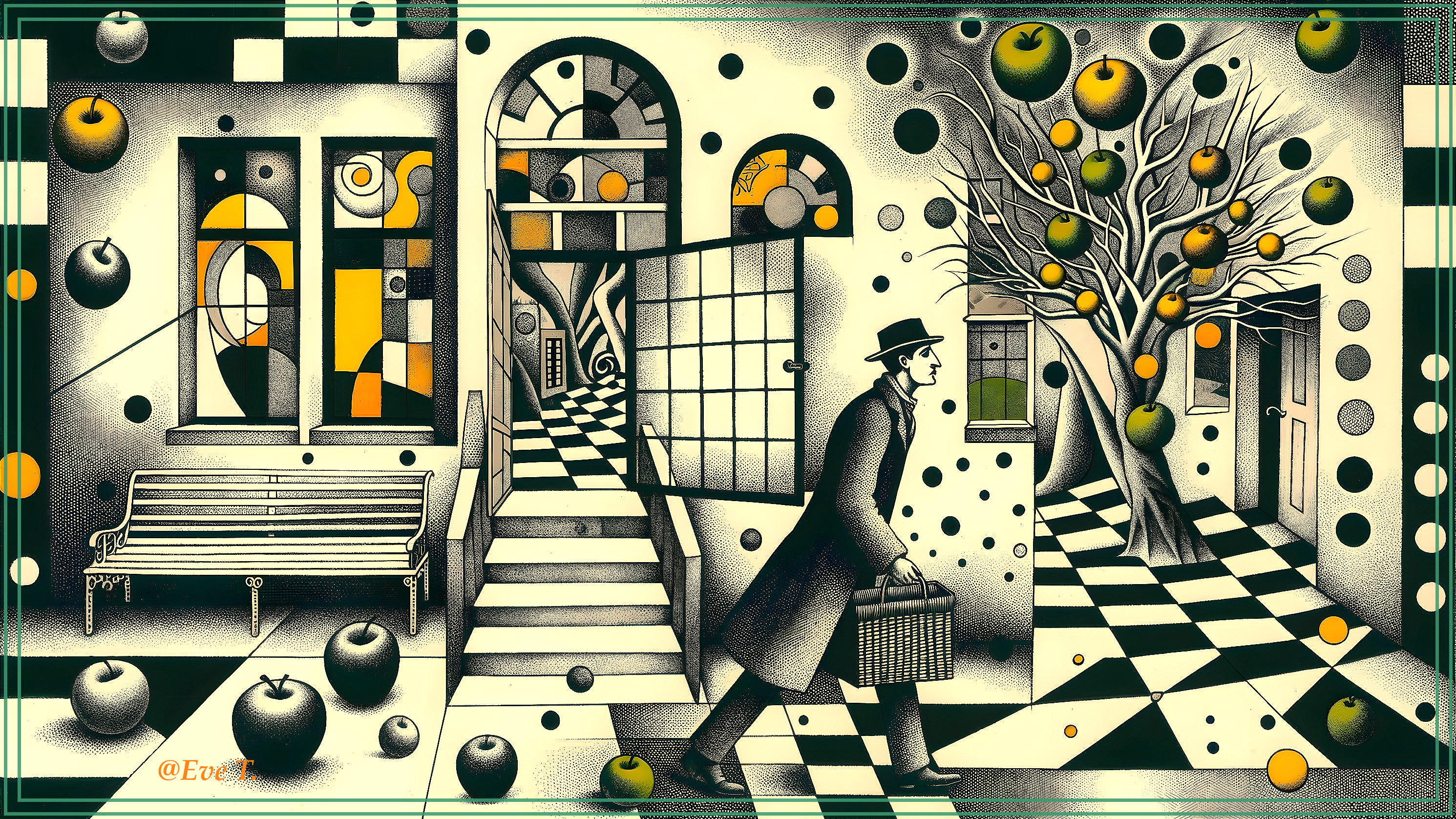 Whimsical Black-and-White Corridor with Surreal Elements