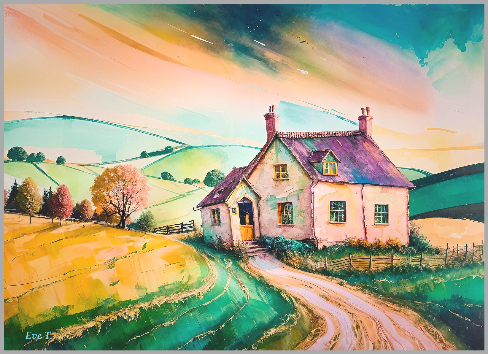 Rustic cottage on a dirt path with vibrant sunset sky