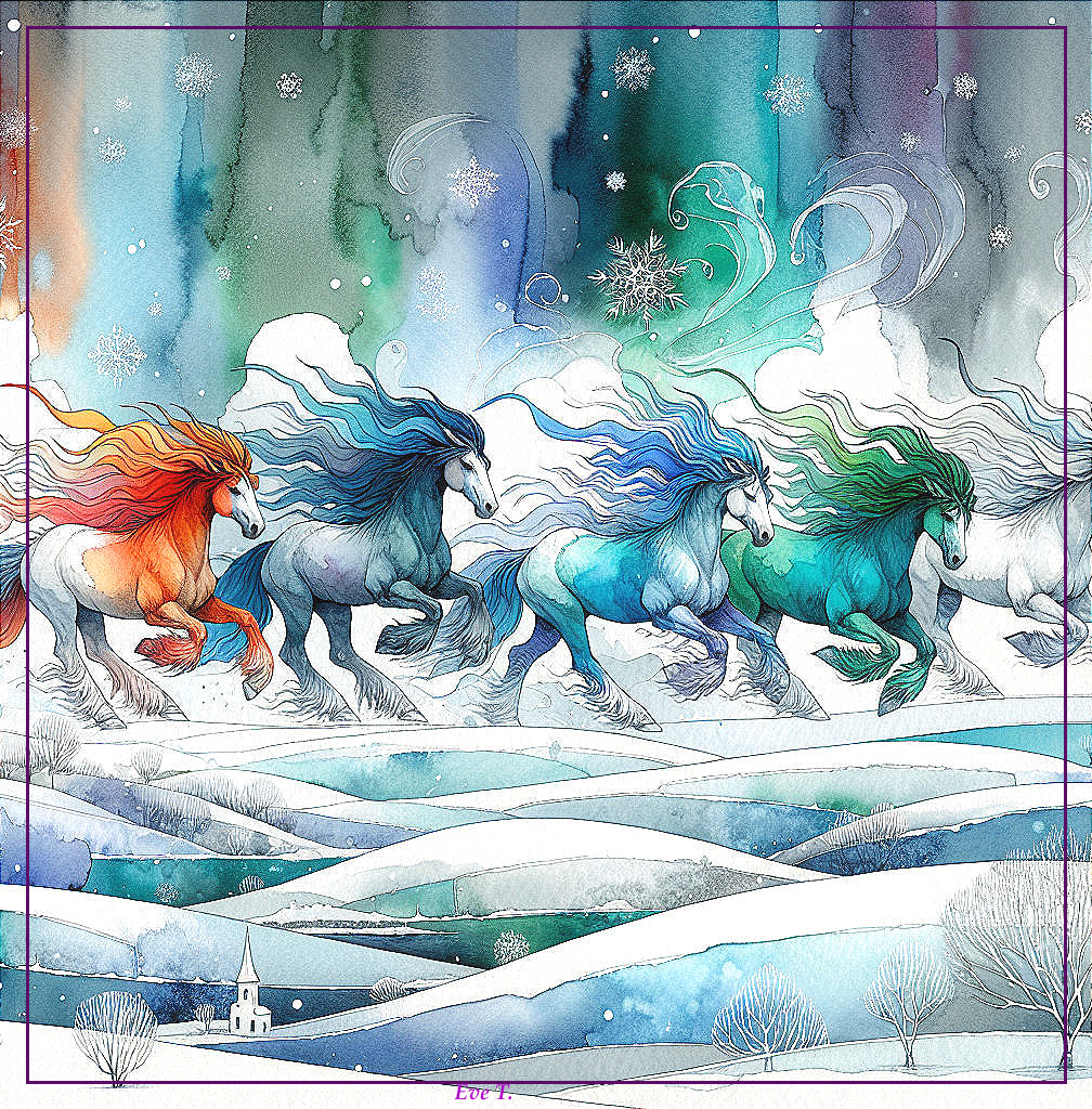 Vibrant Winter Scene with Galloping Ethereal Horses