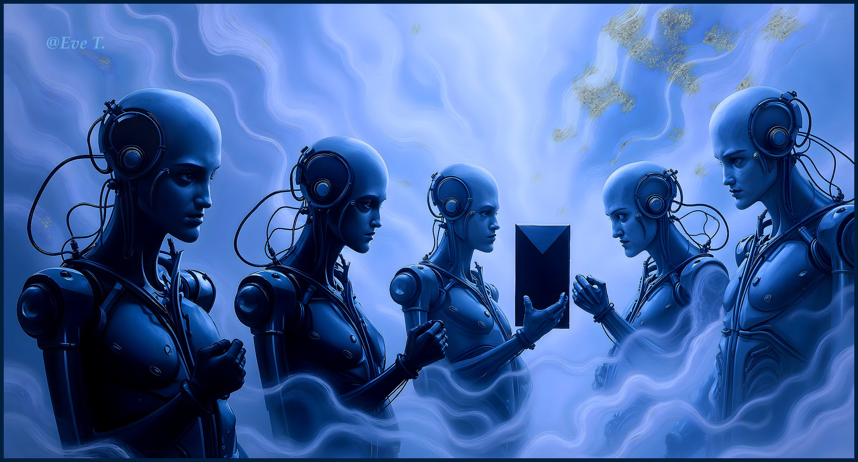 Humanoid Robots in Surreal Blue Landscape with Envelope