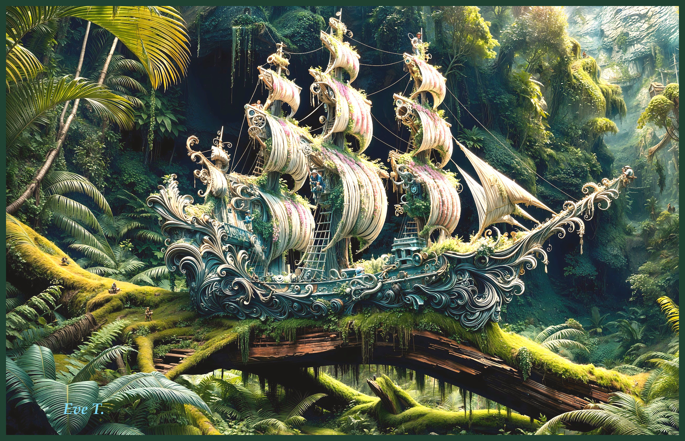 Ship on Tree Branch in Lush Jungle Setting