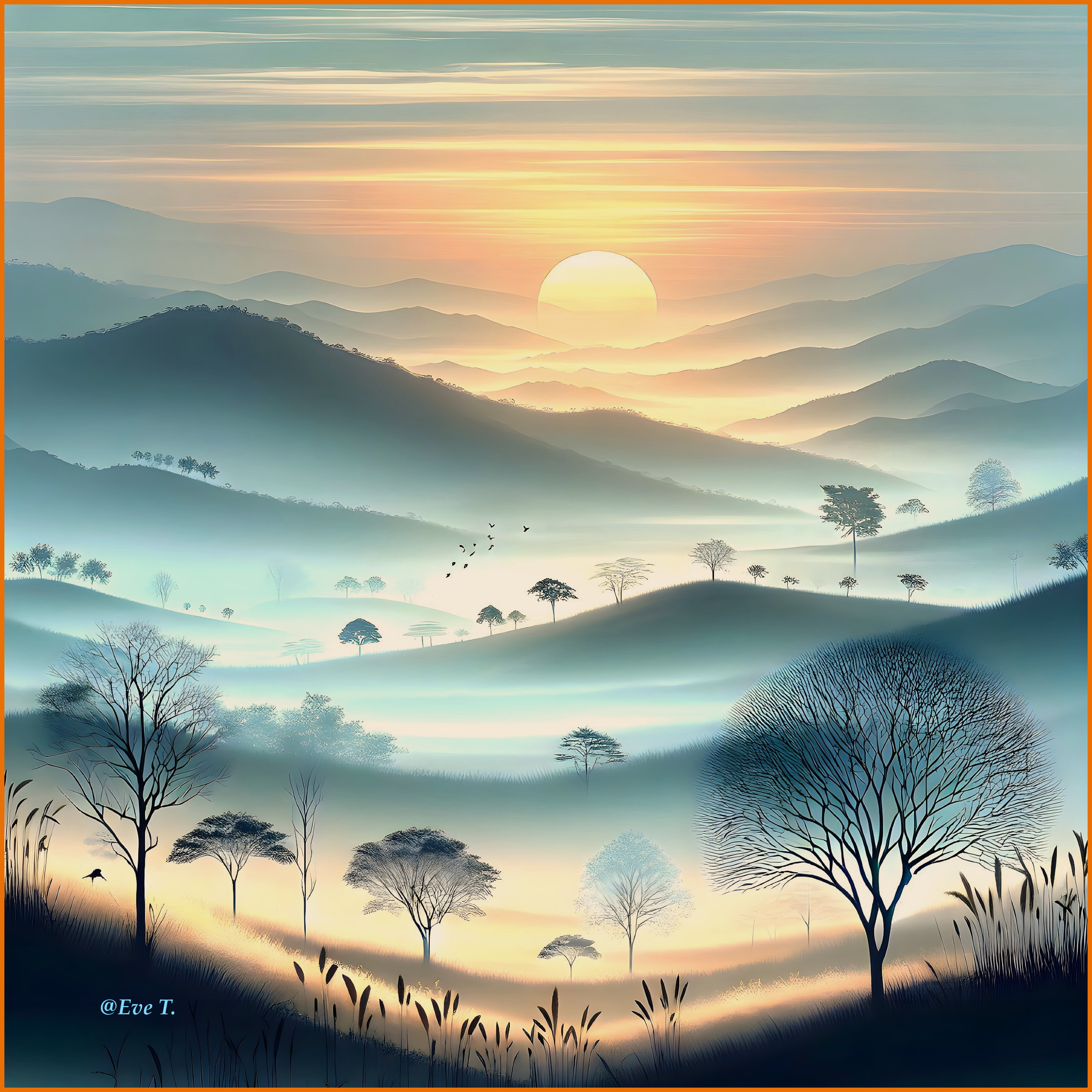 Dawn Landscape with Misty Hills and Silhouetted Trees