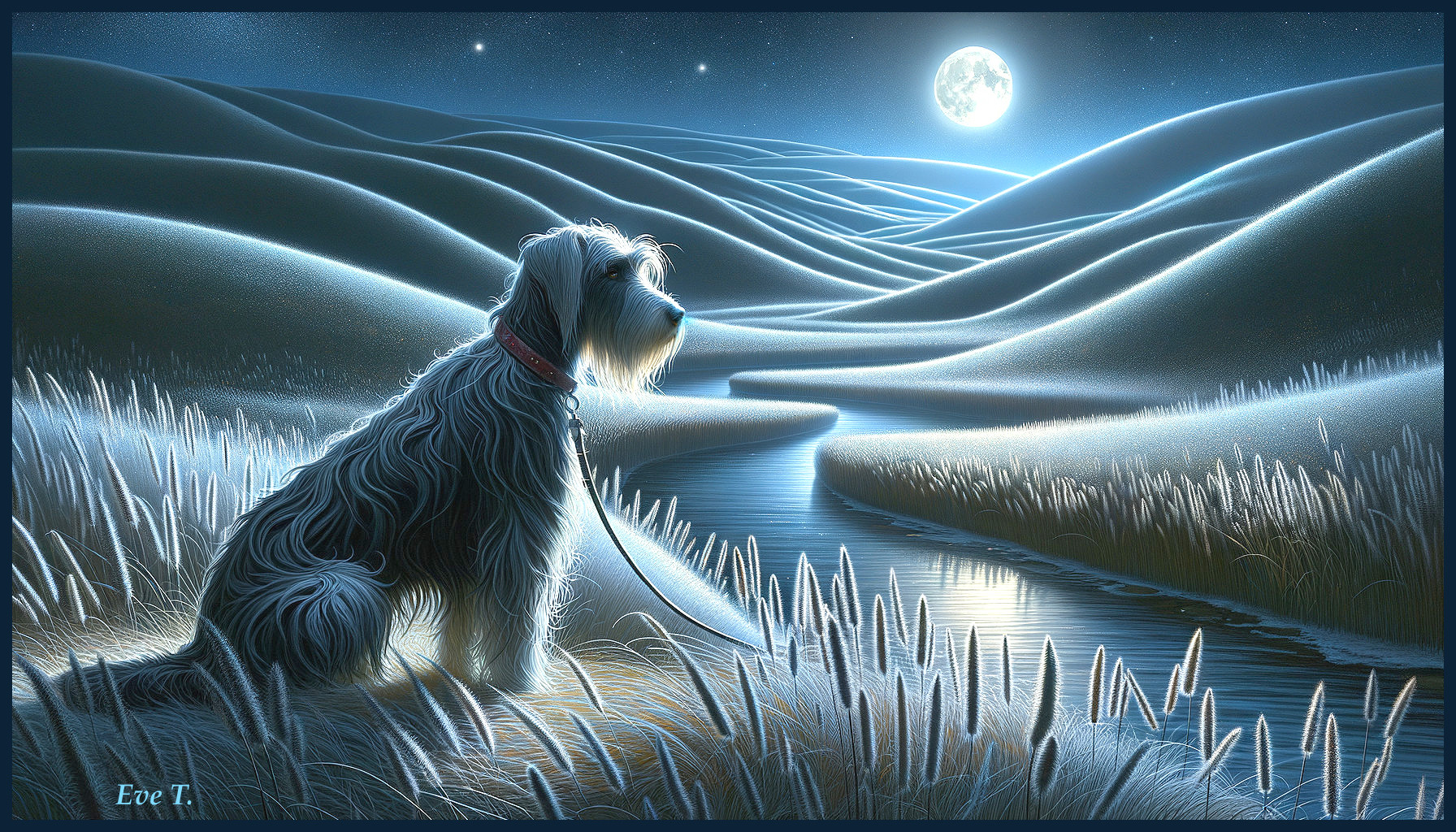 Serene Night Landscape with Dog by Winding River