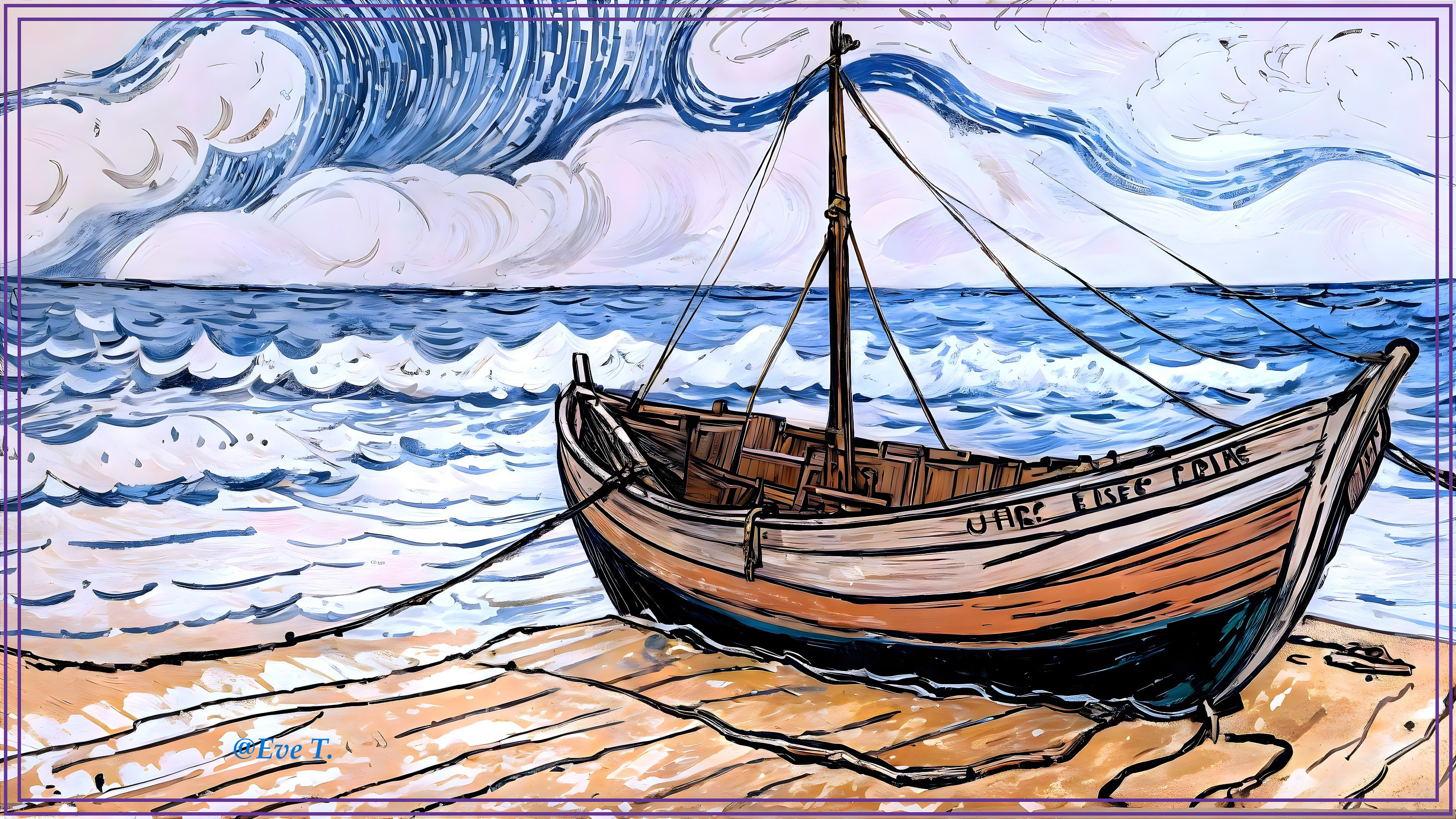 Weathered Fishing Boat on Sandy Shore with Vibrant Sky