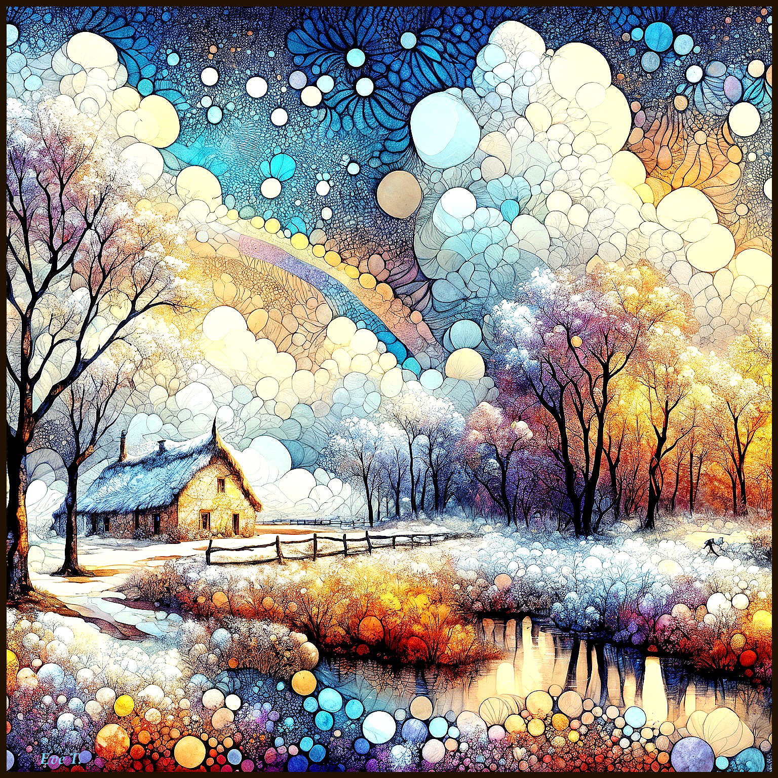 Whimsical Winter Landscape with Cottage and Rainbow