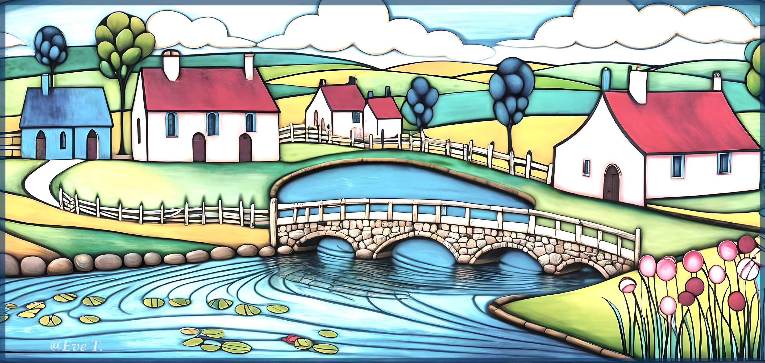Vibrant Landscape with Quaint Houses and River View