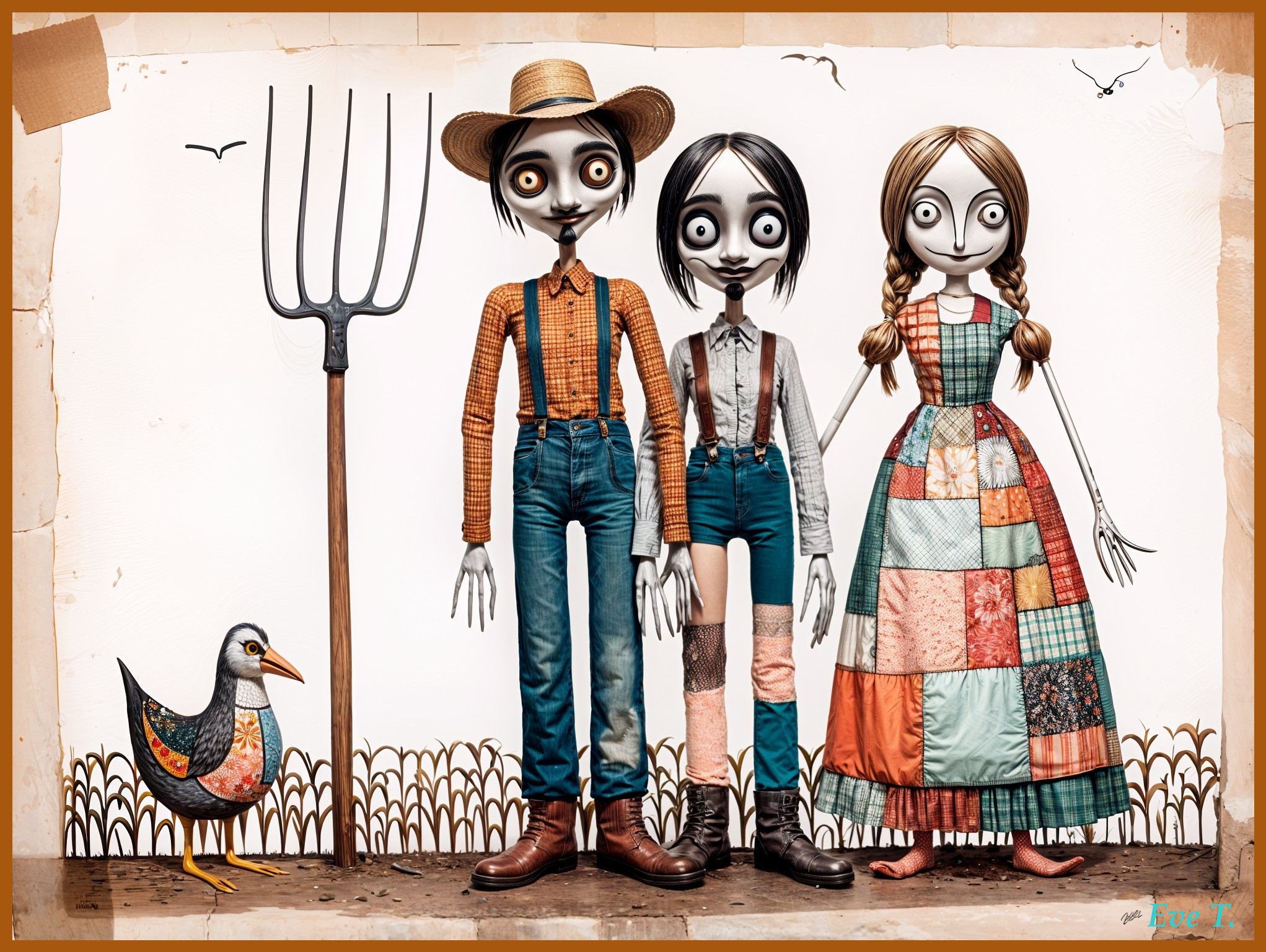 Whimsical Animated Scene with Doll-like Characters