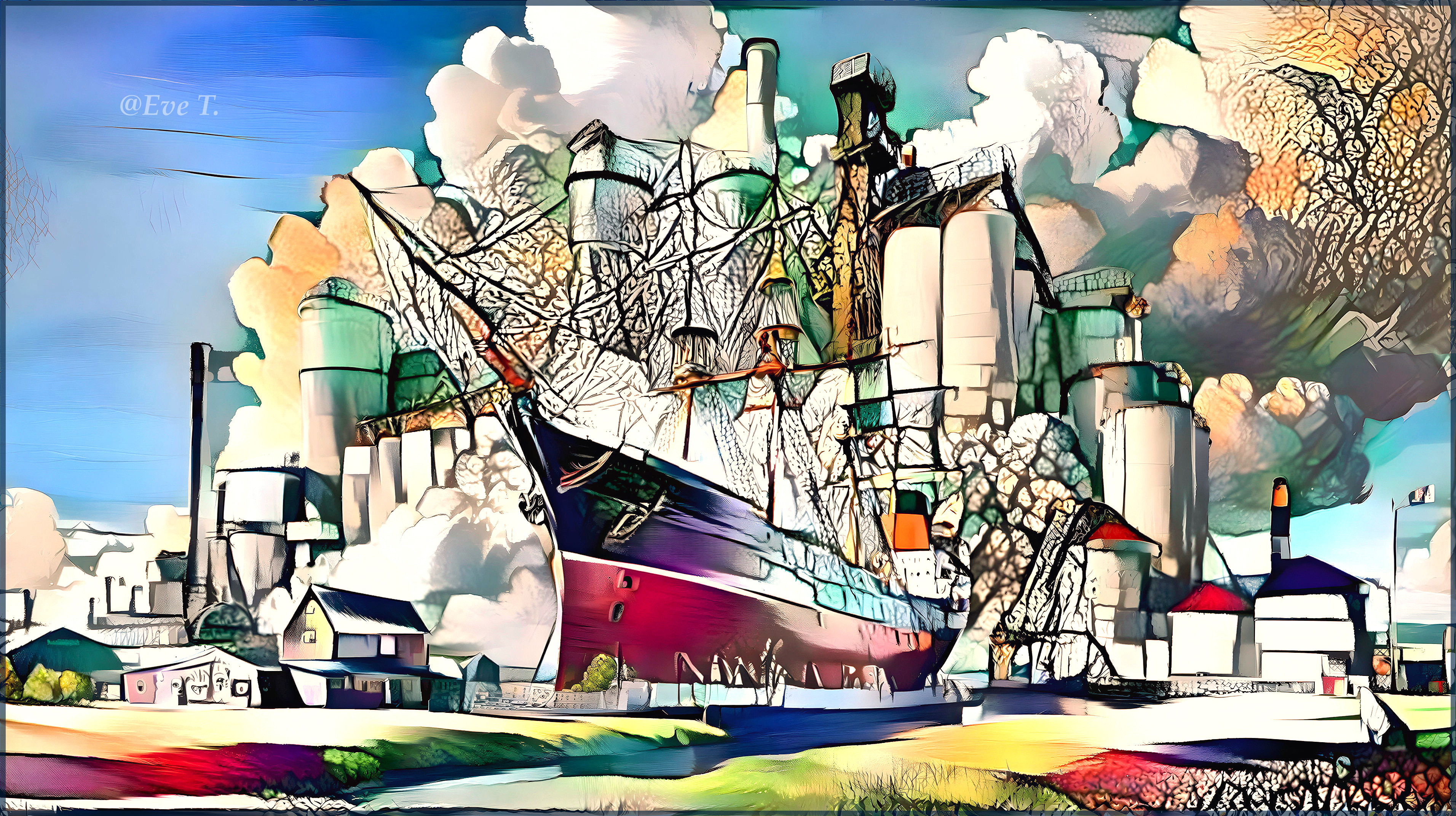 Traditional Ship Against Industrial Landscape Background