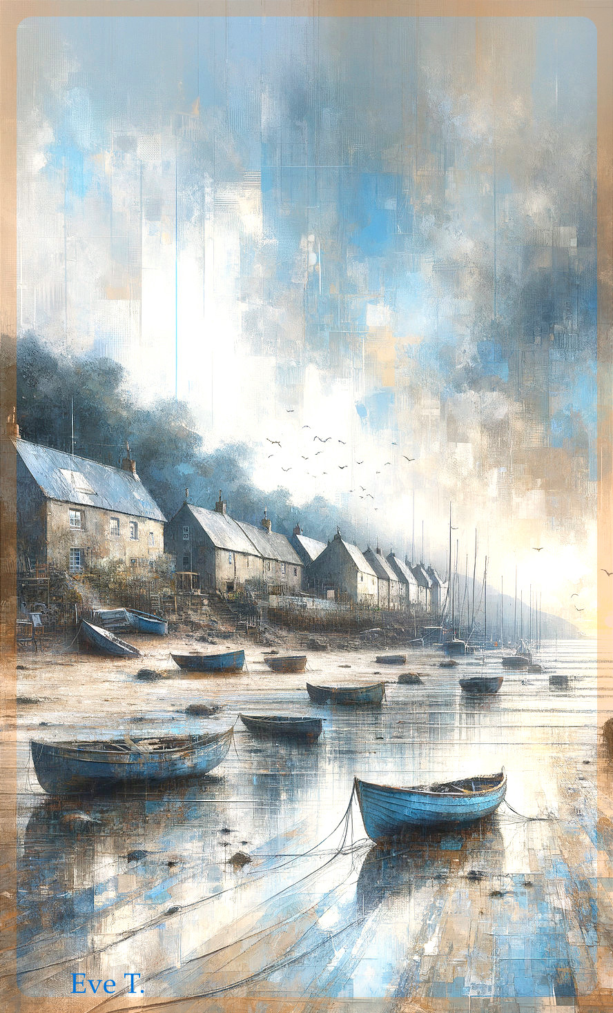 Serene Coastal Scene with Quaint Houses and Boats