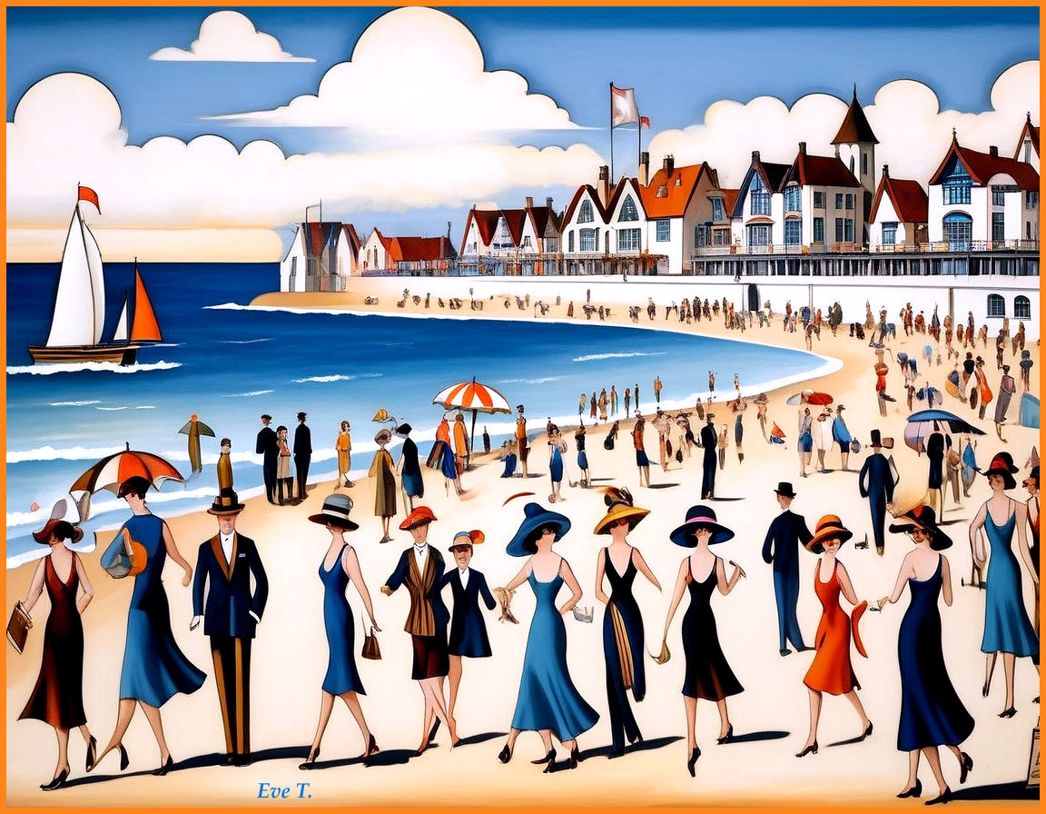 Stylized 1920s Beach Scene with Promenade and Sailboat