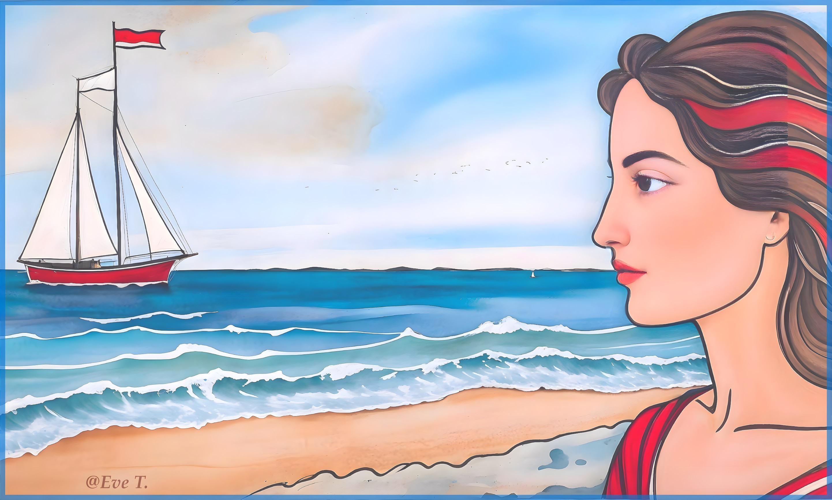 Serene beach scene with woman gazing at the sea