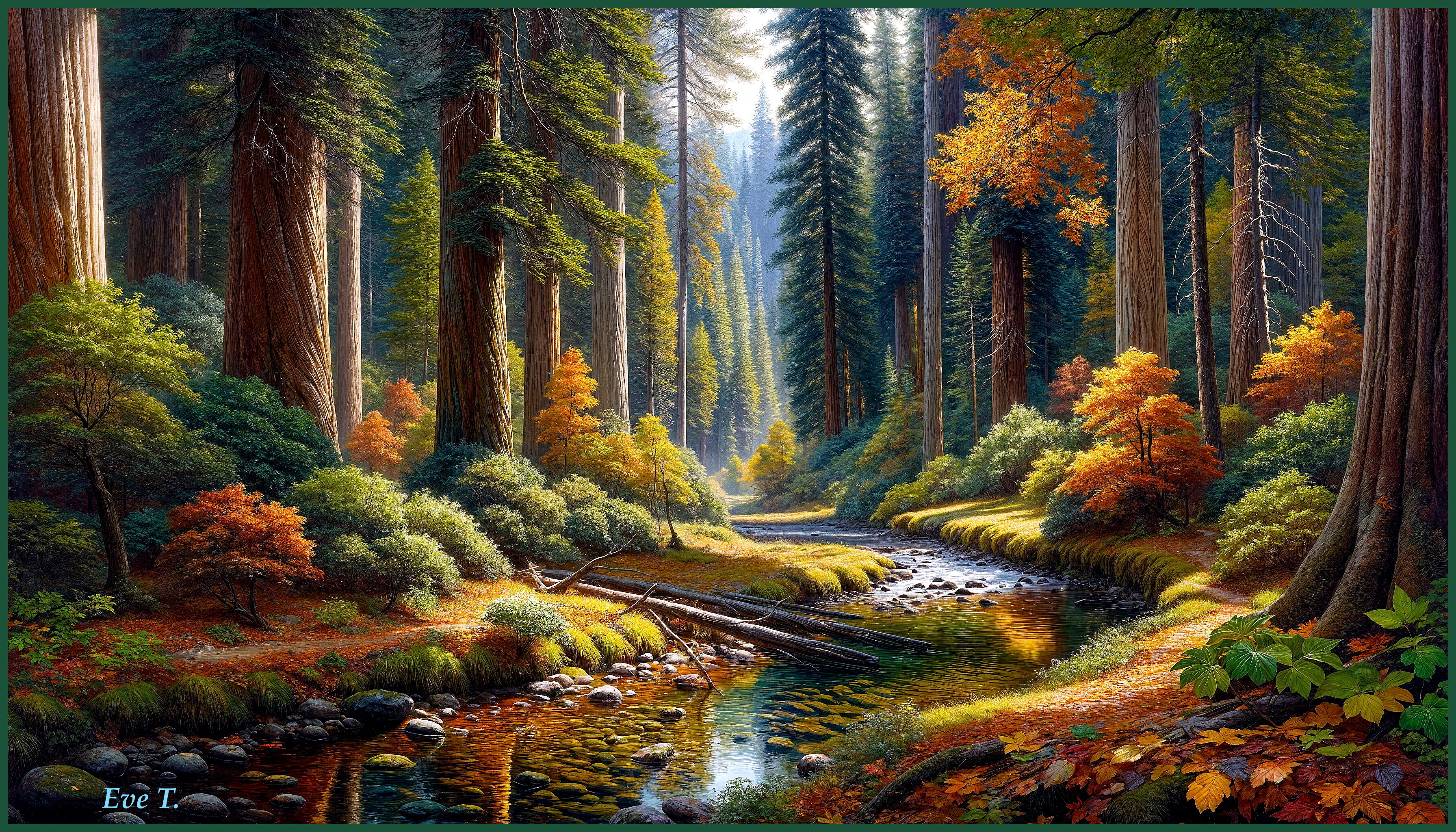 Serene Forest Scene with Autumn Foliage and Stream