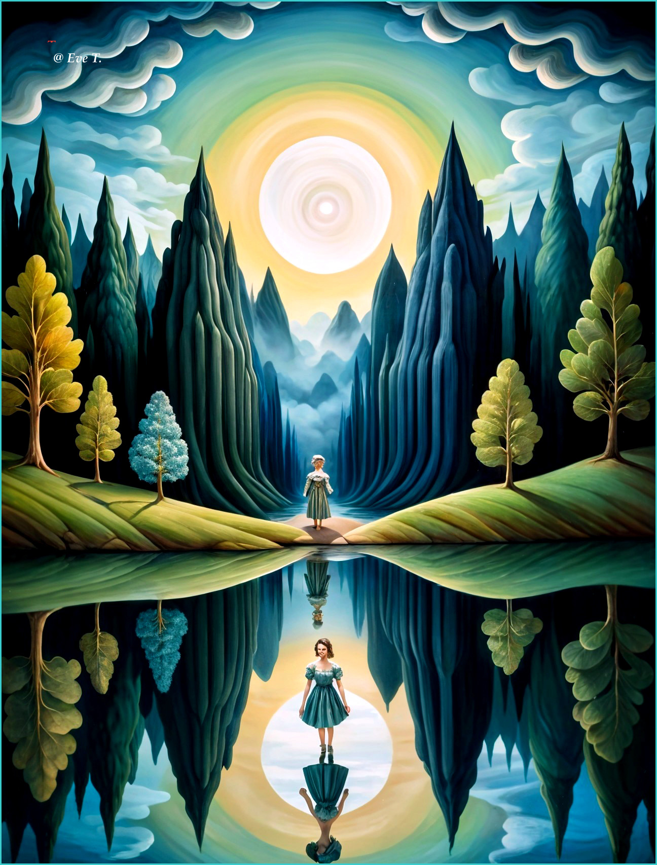Surreal Landscape with Mountains and Tranquil Lake
