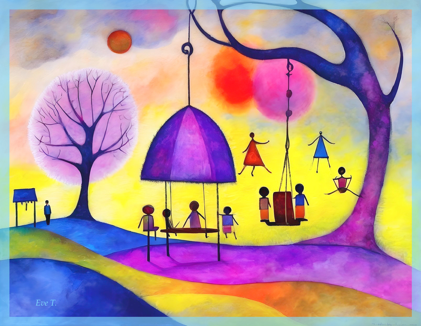 Vibrant Whimsical Landscape with Colorful Sky and Tree