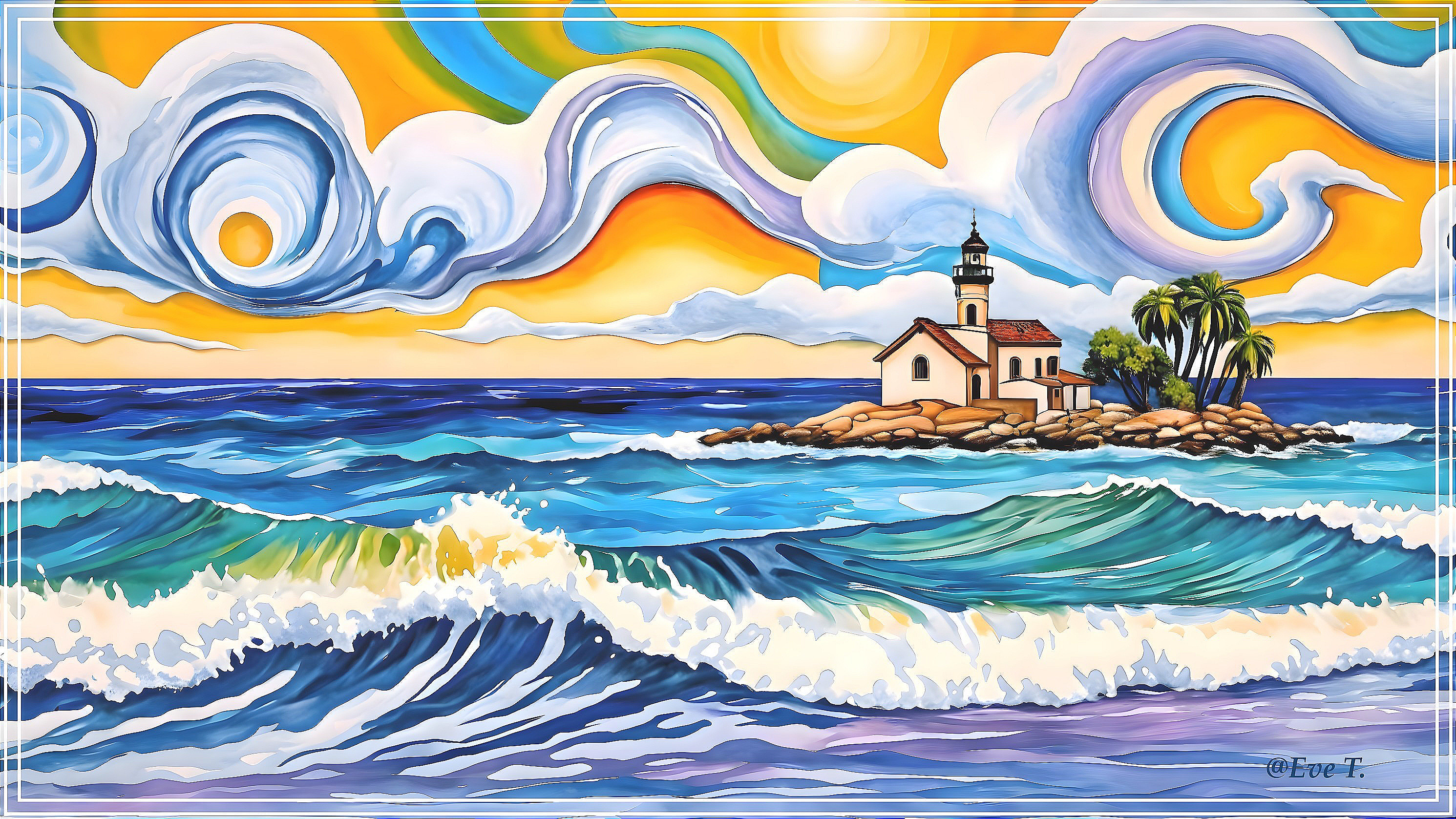 Vibrant Coastal Scene with Lighthouse and Palm Trees