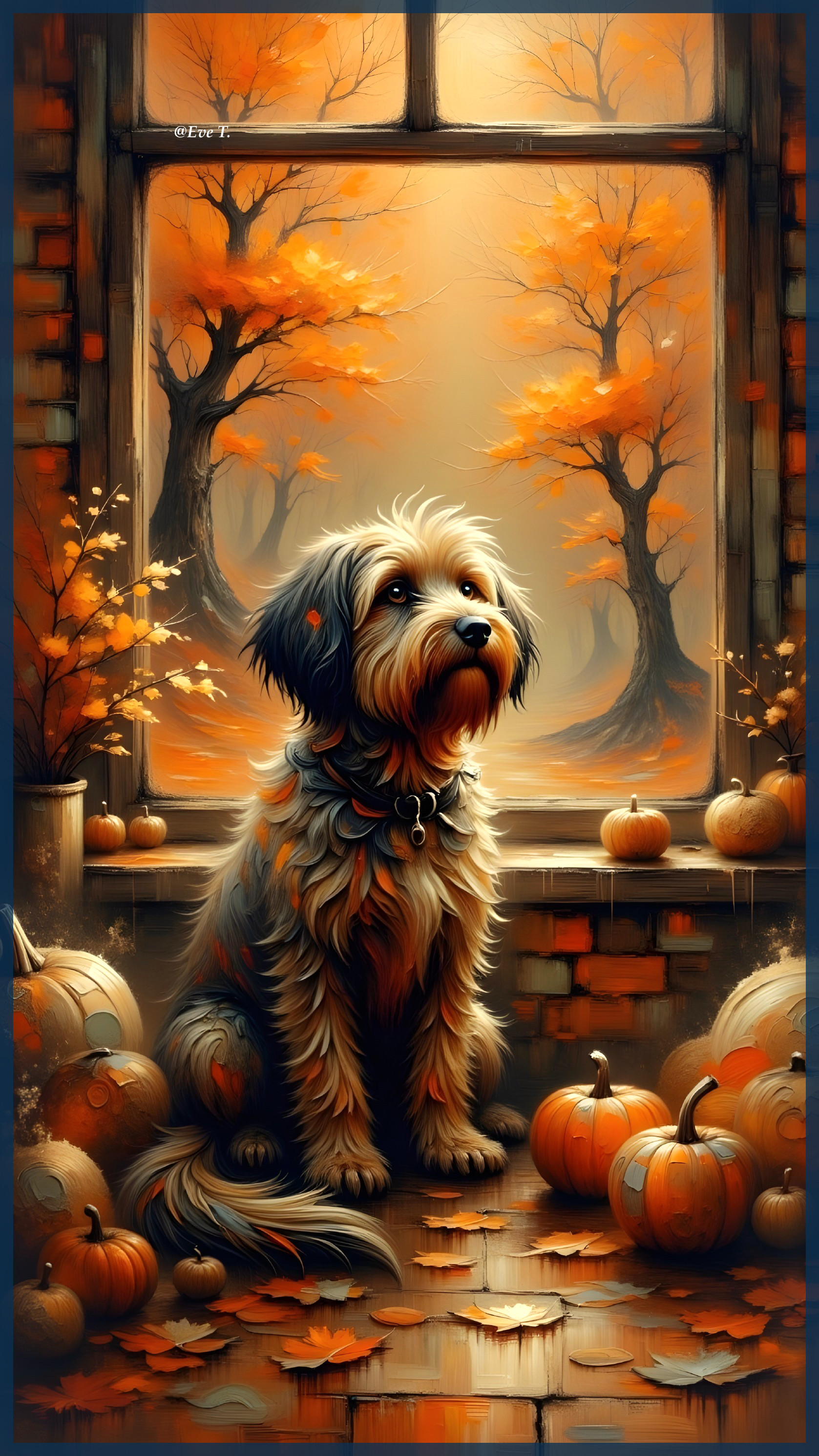 Dog by Window Surrounded by Autumn Foliage and Pumpkins