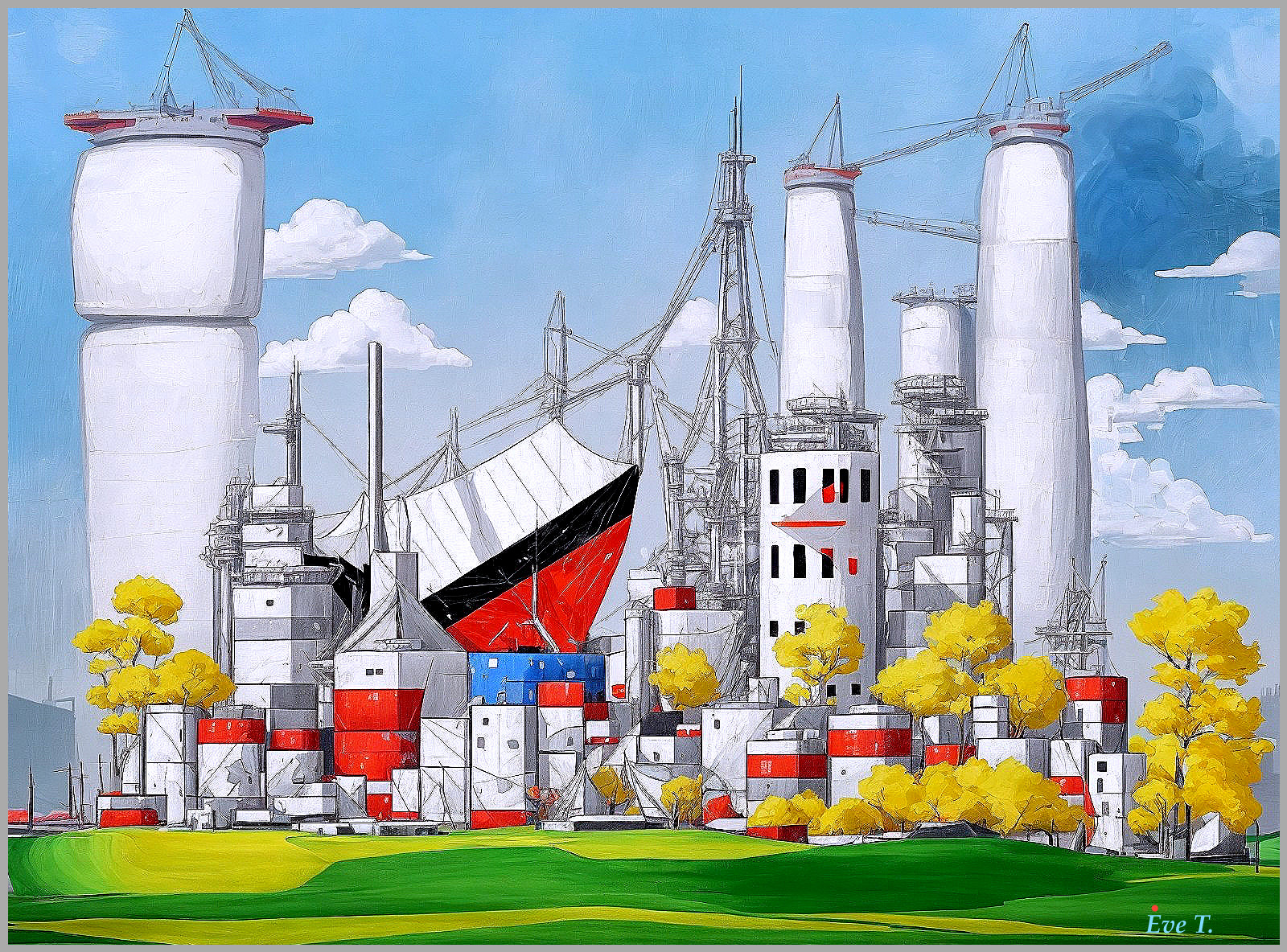 Vibrant Industrial Landscape with Silos and Cranes
