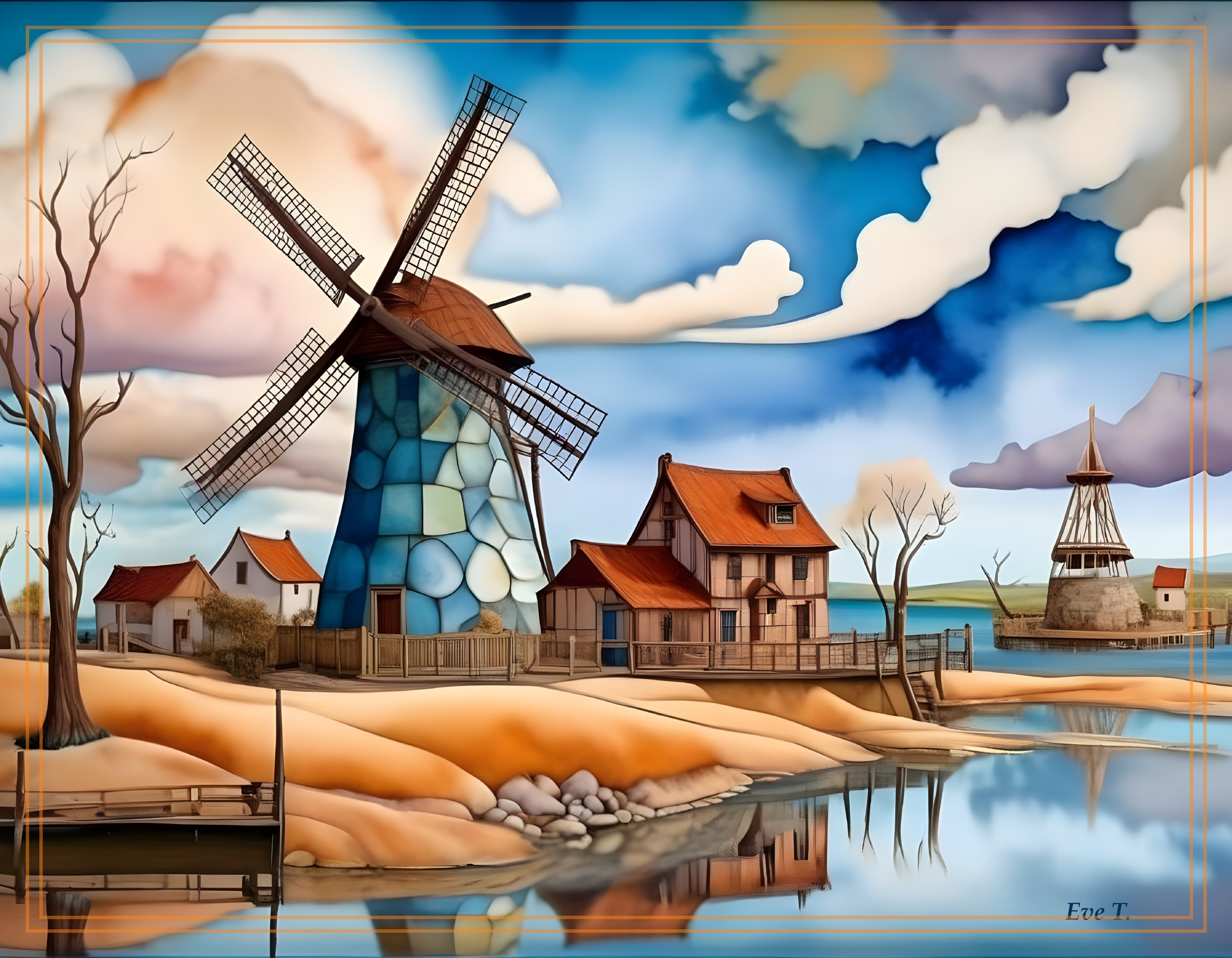 Vibrant Landscape with Windmills and Reflective Lake