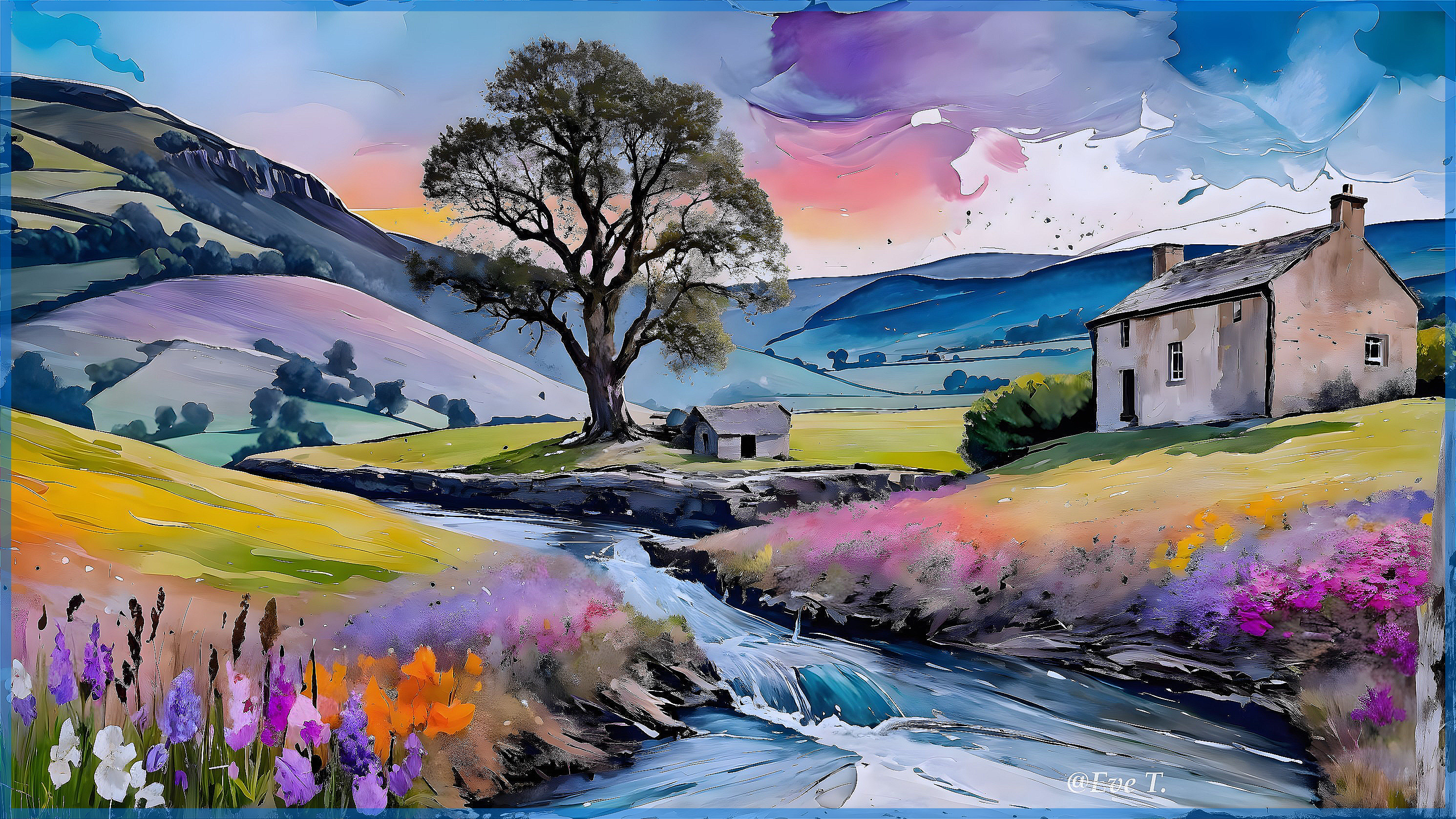 Vibrant Landscape with Rolling Hills and Sunset Sky