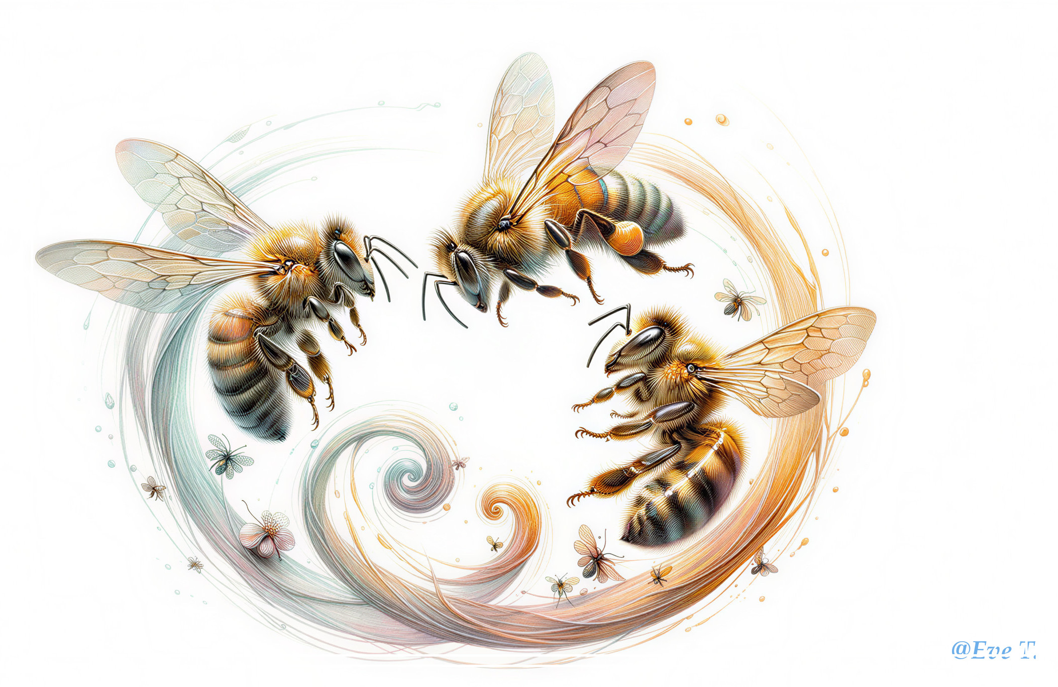 Intricate Bees in Ethereal Pattern with Floral Elements