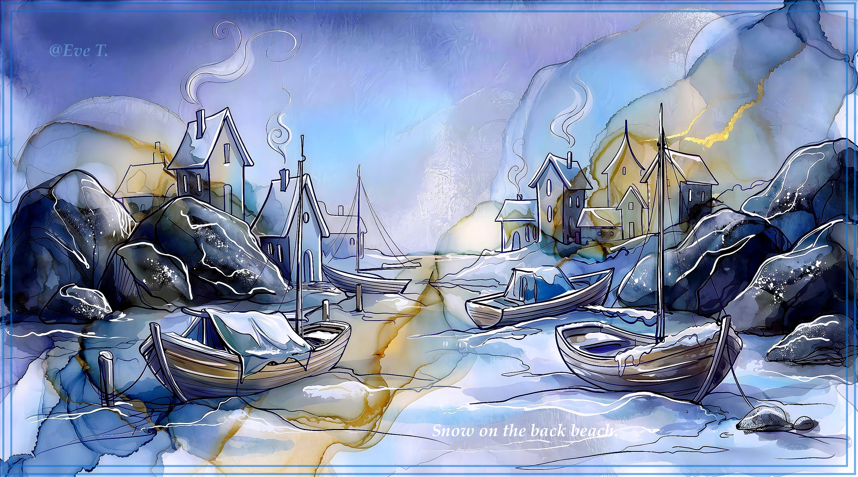 Art Nouveau Arctic Landscape with Village and Boats