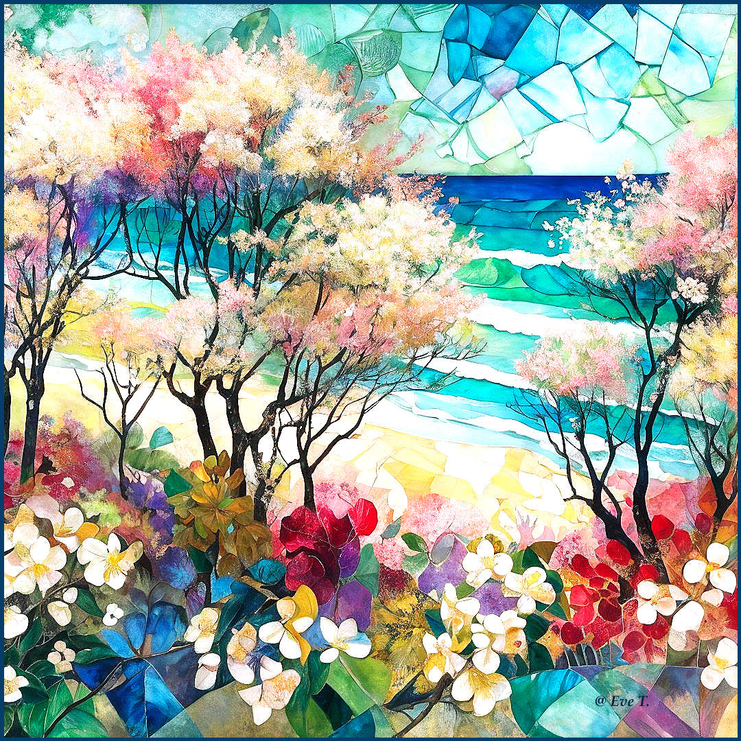 Vibrant Mosaic Beach Landscape with Colorful Flora