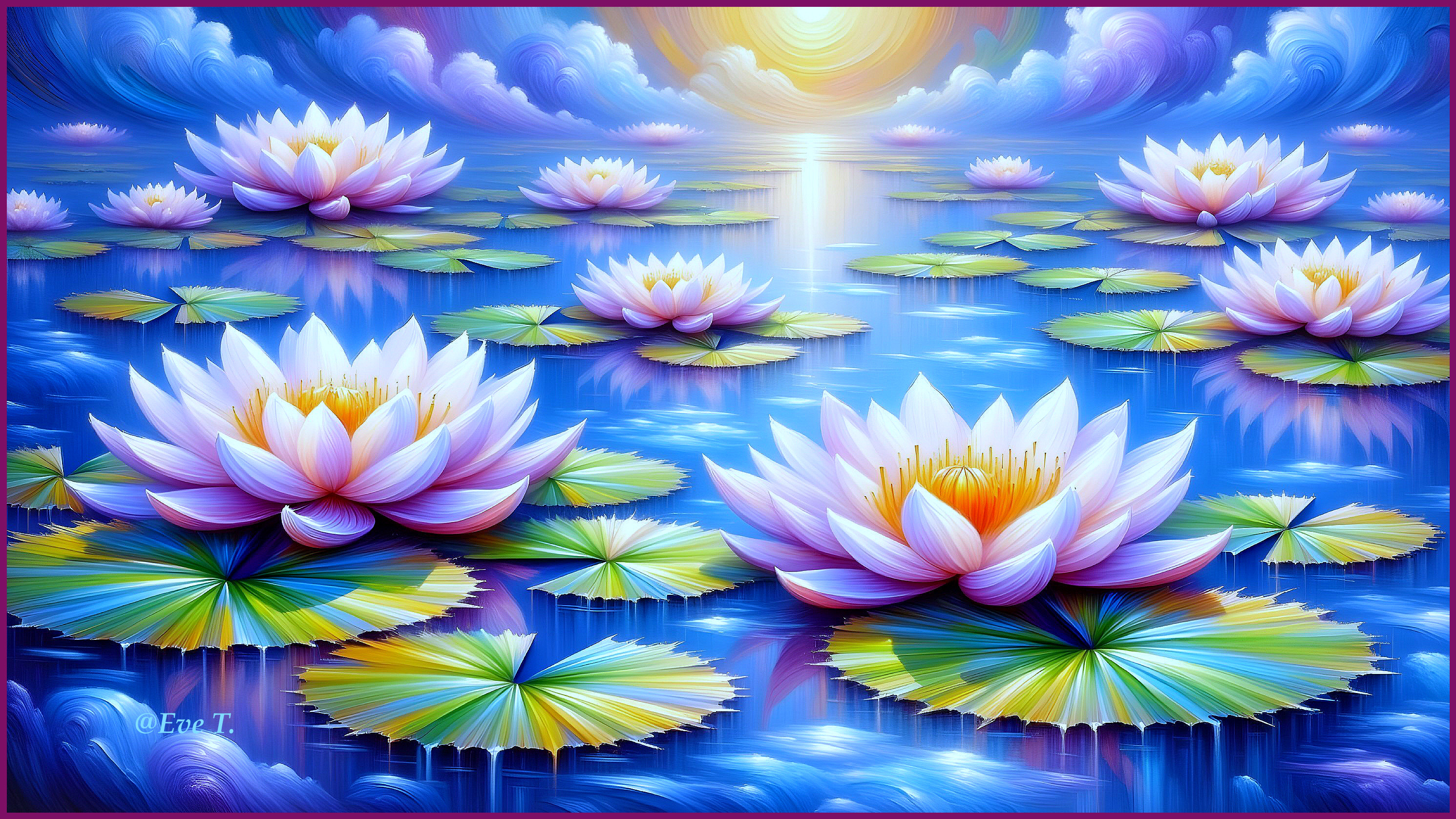 Serene pond with vibrant water lilies and blue water