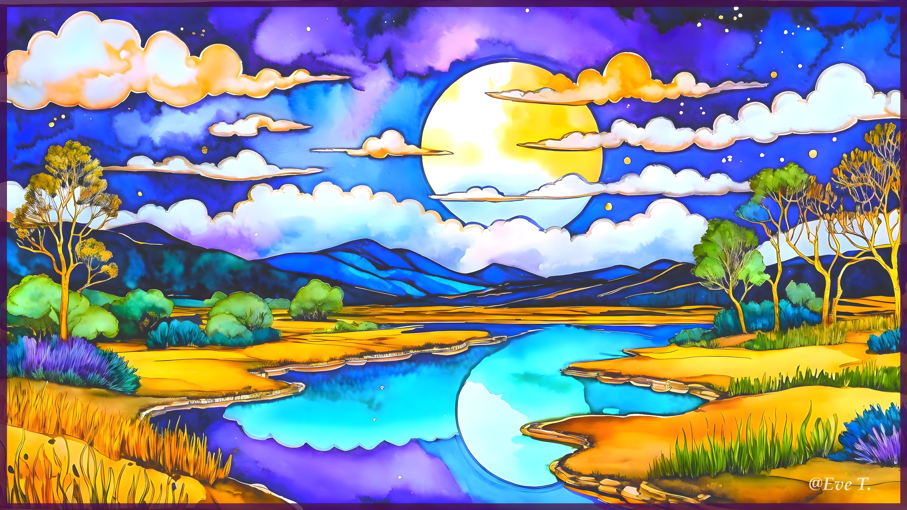 Vibrant Landscape with River and Full Moon Reflection