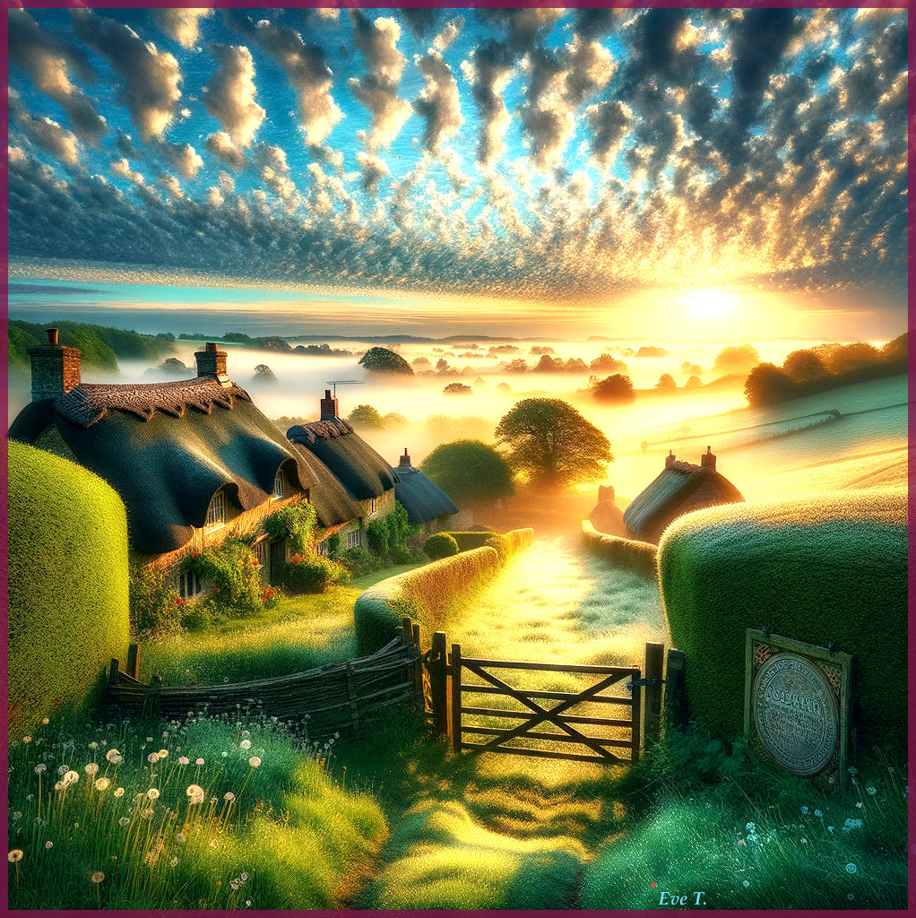 Picturesque Countryside Scene at Sunrise with Cottages