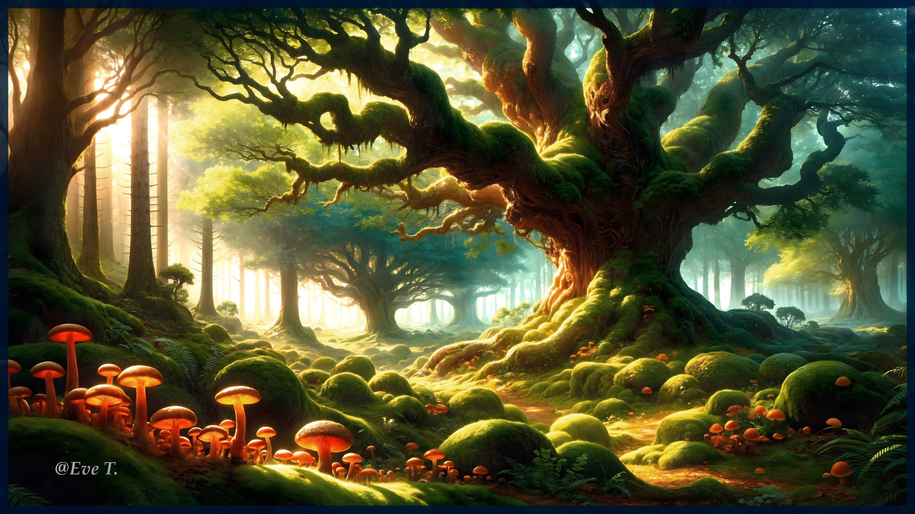 Mystical Forest Scene with Ancient Trees and Mushrooms