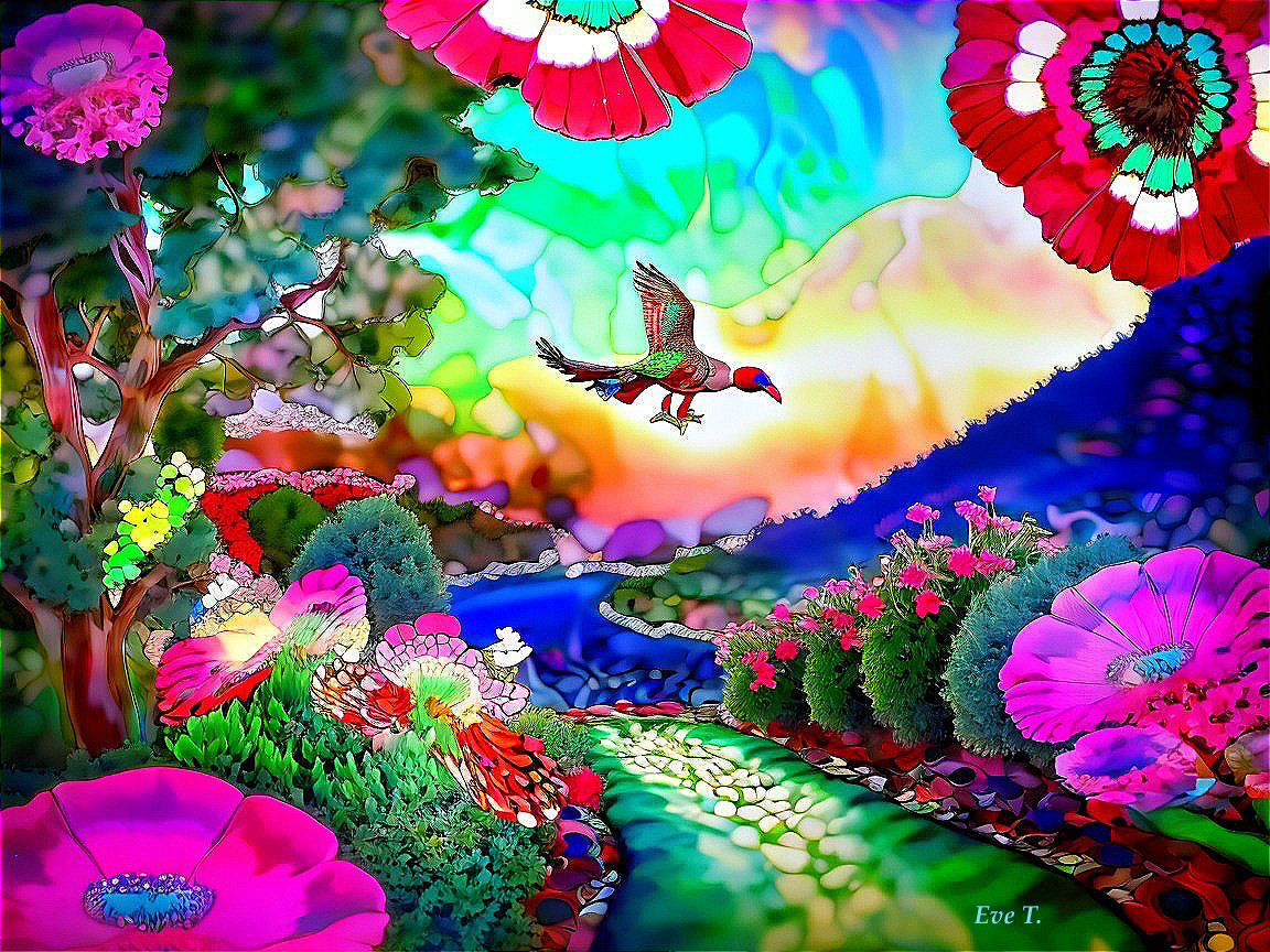 Surreal Colorful Landscape with Birds and Flowers
