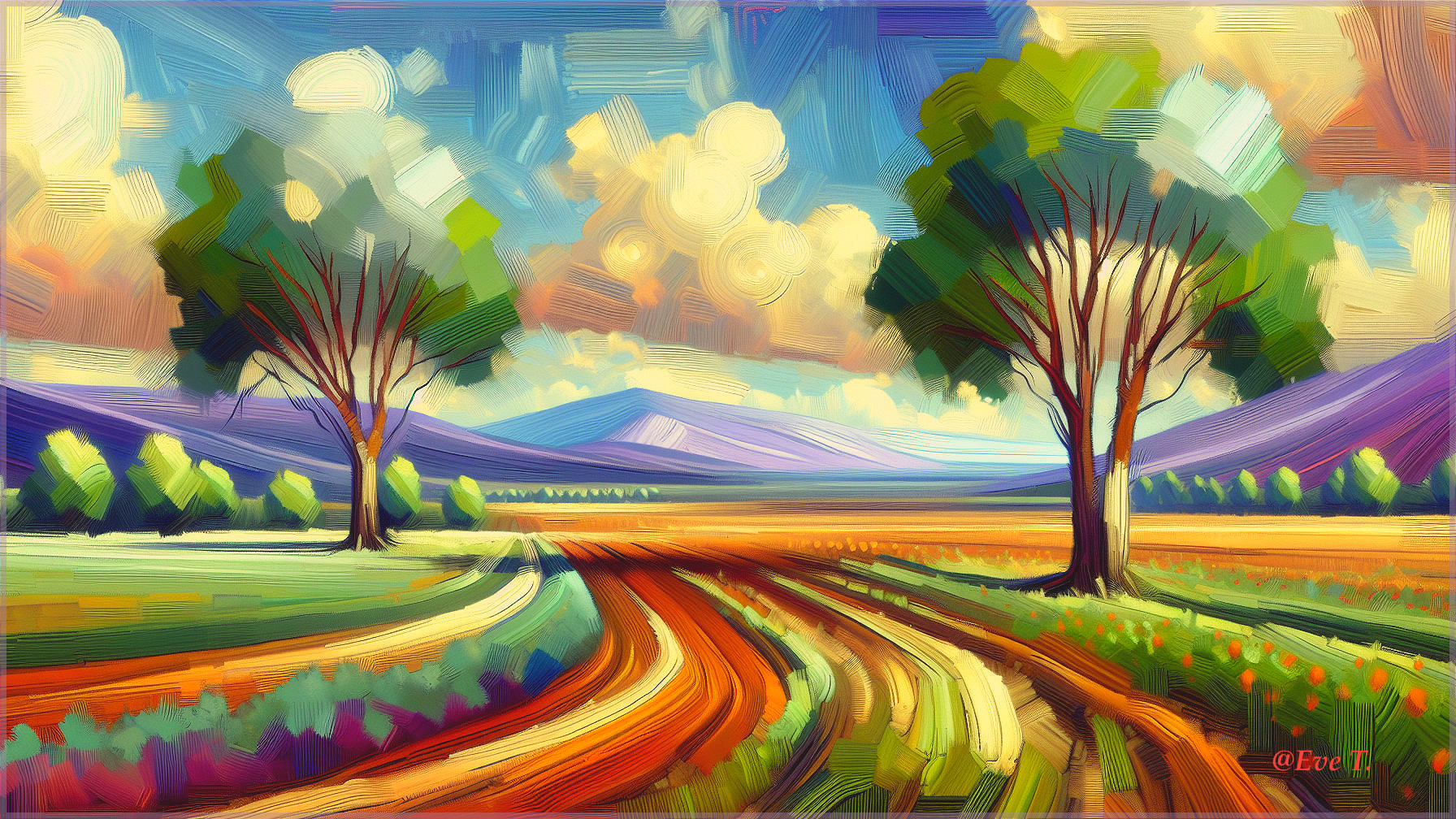 Vibrant Landscape with Trees and Winding Dirt Path