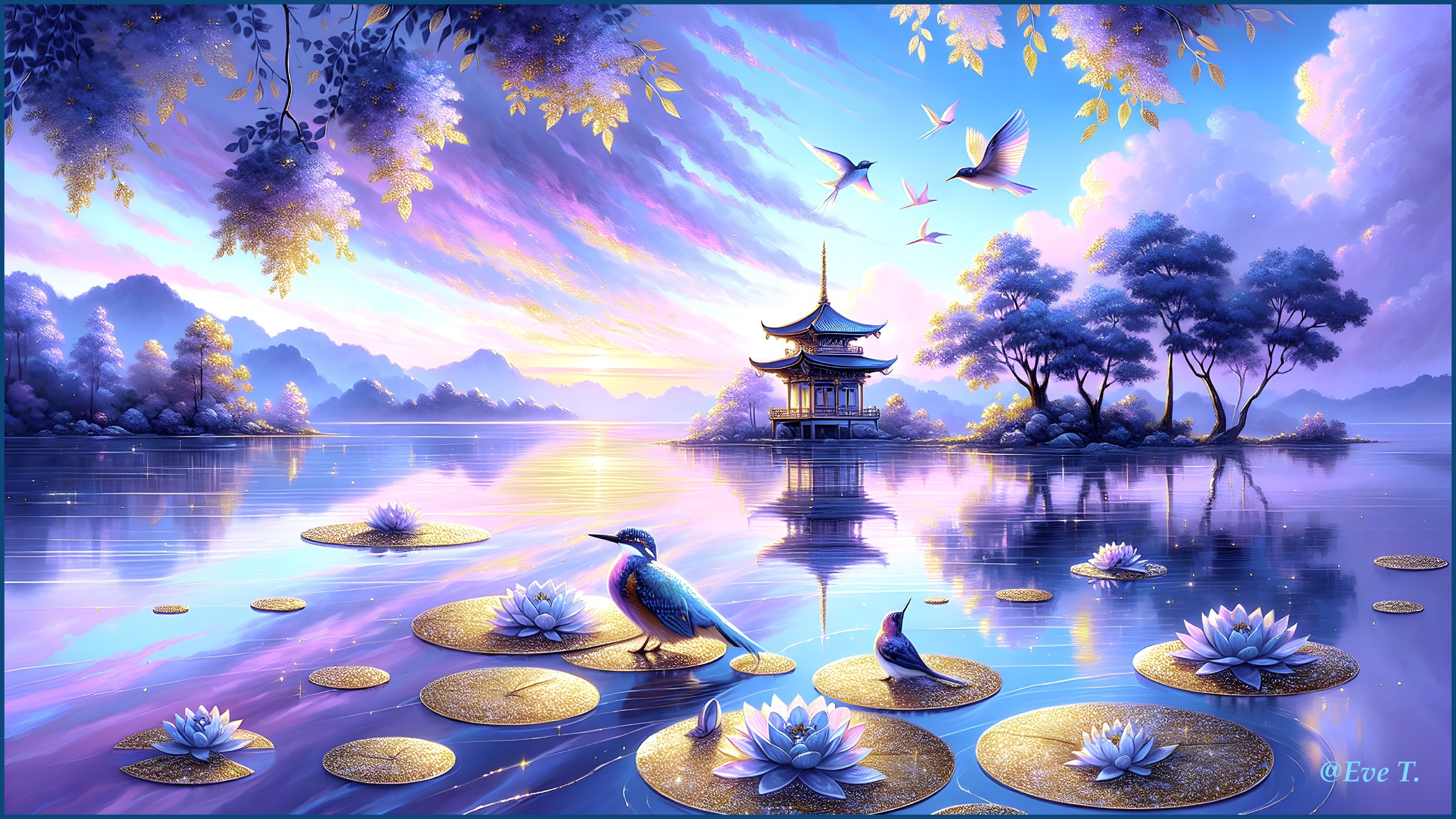Tranquil Lake with Lotus Flowers and Pagoda Landscape
