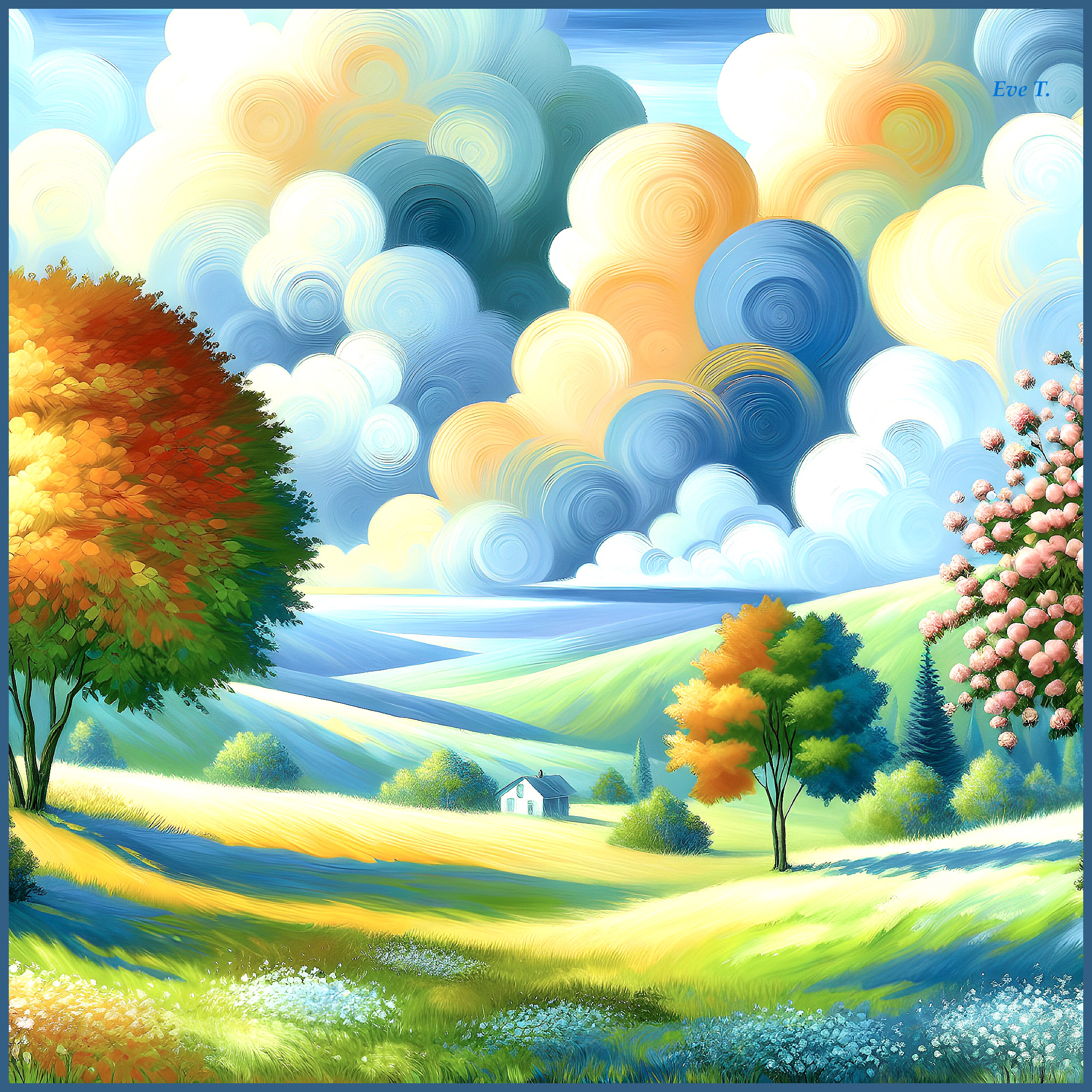 Vibrant Landscape with Rolling Hills and Colorful Clouds