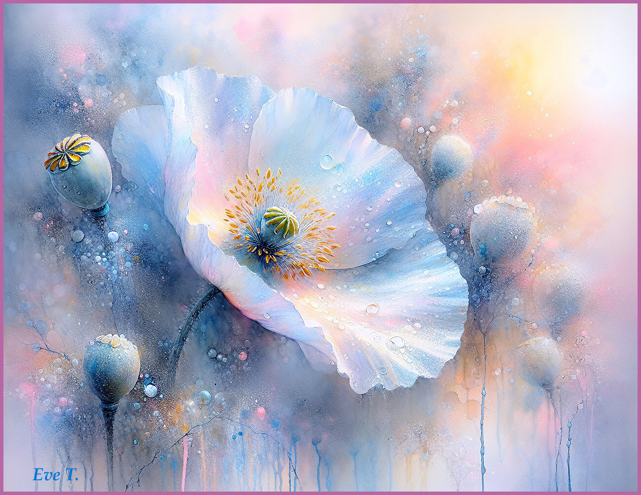 Watercolor Painting of White Poppy with Pastel Background