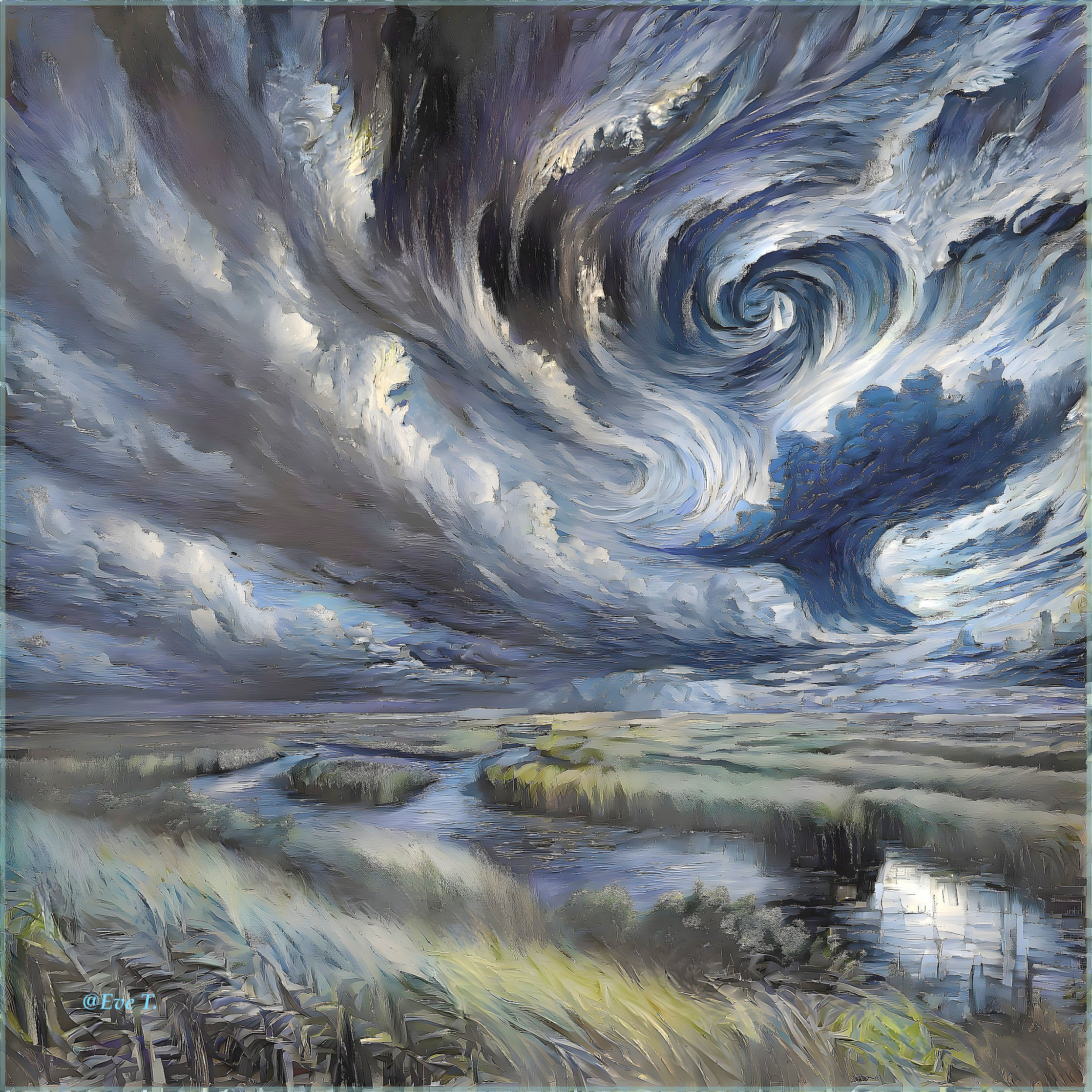 Dramatic Sky and Serene Landscape with River Vortex