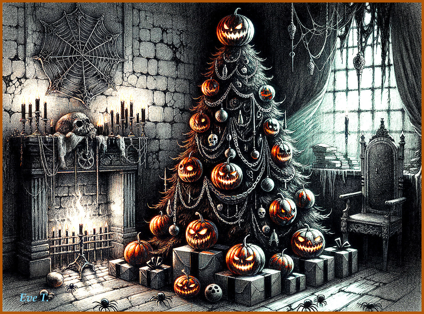 Gothic Christmas Tree with Pumpkin Ornaments and Shadows