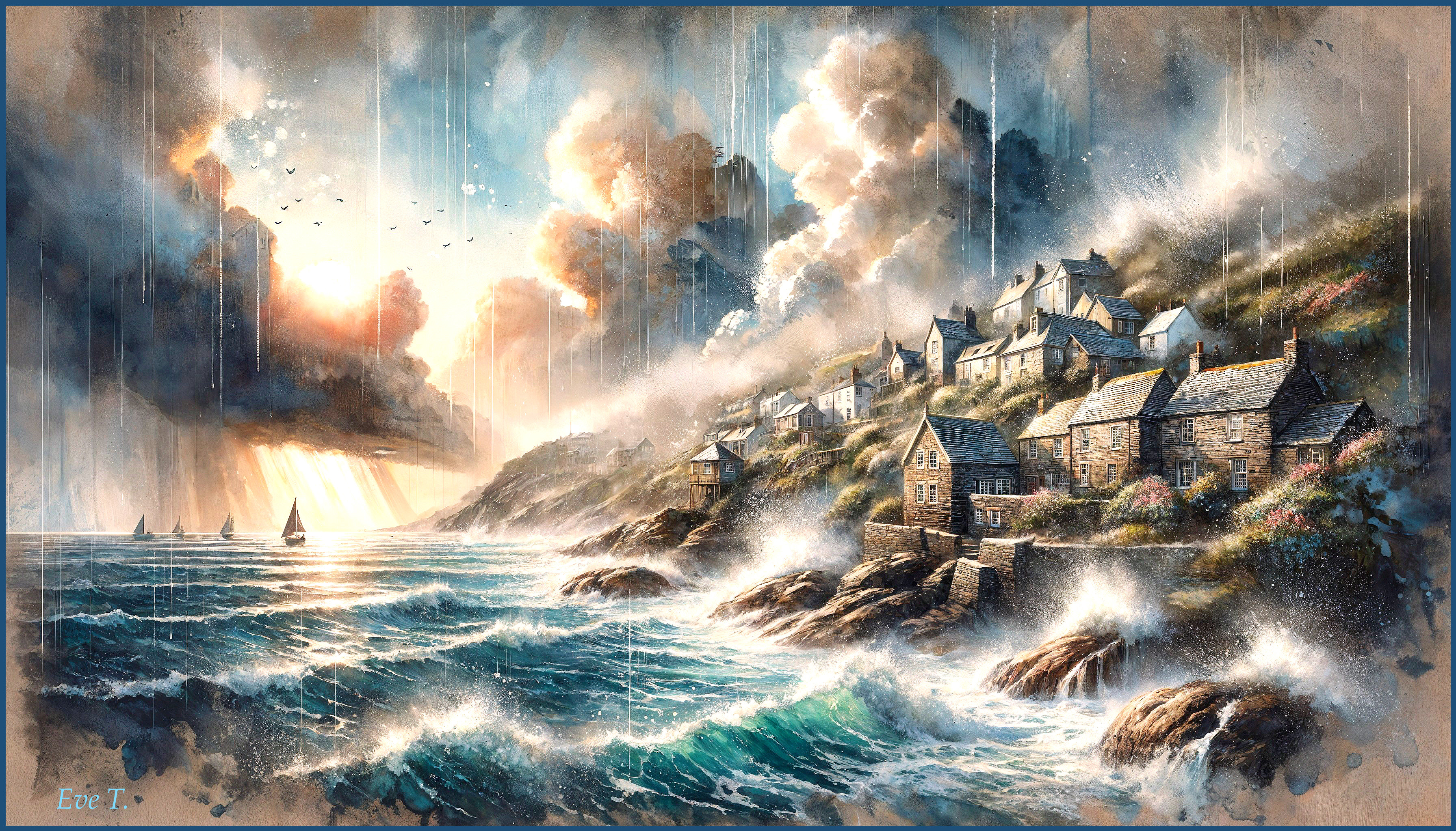 Coastal Village with Stone Houses and Dramatic Waves