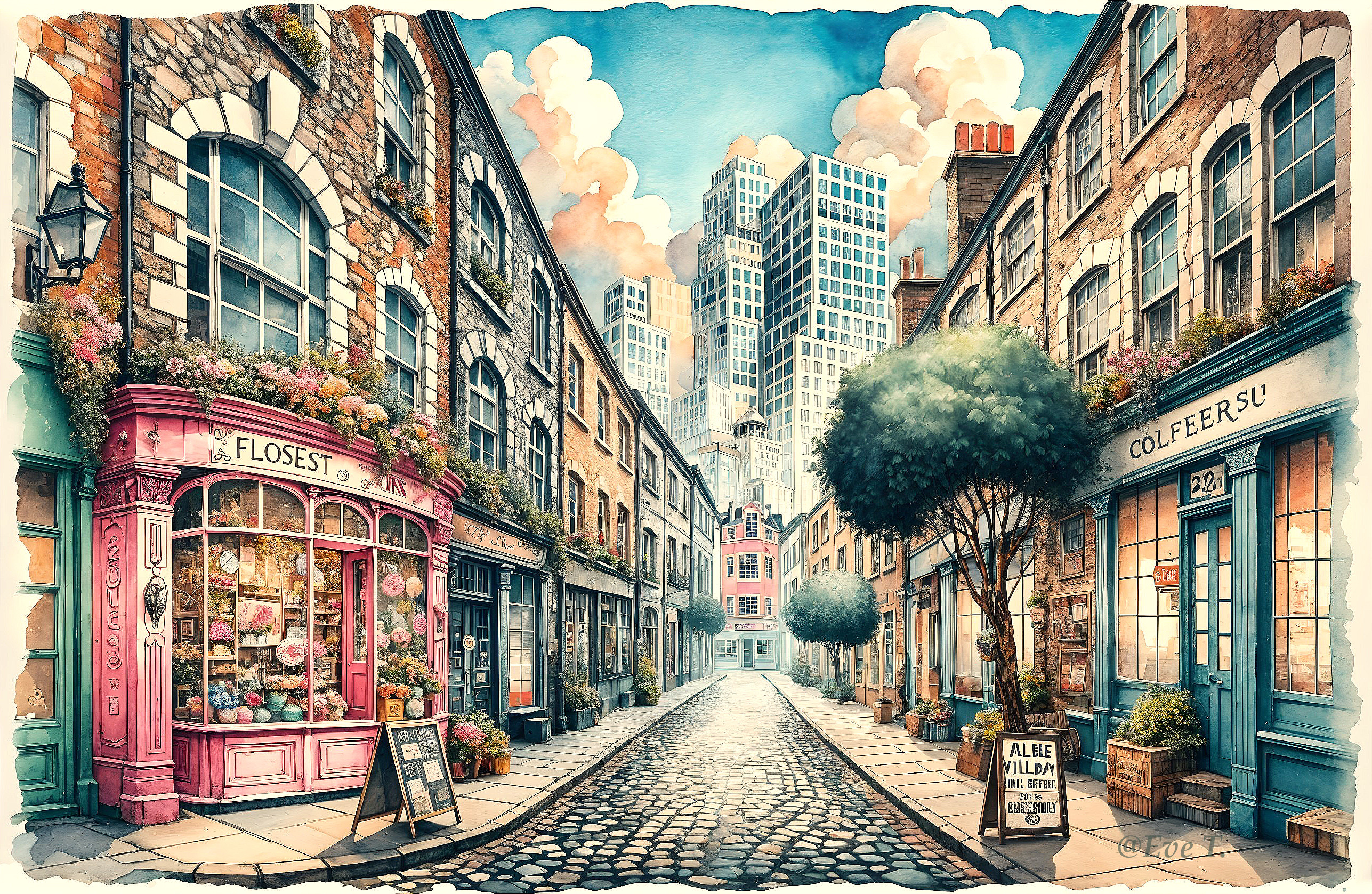 Charming Cobblestone Street with Flower Shop and Café
