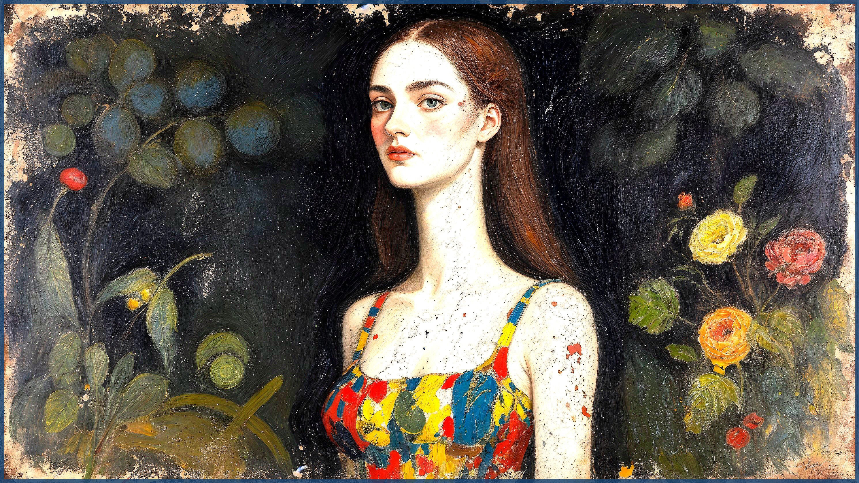 Portrait of a Young Woman with Floral Dress and Nature