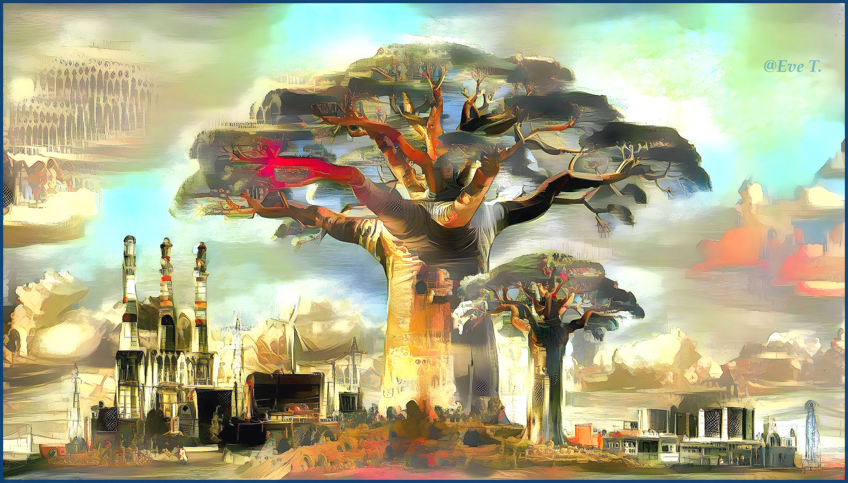Surreal landscape with a giant textured tree and industry