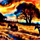 Horses Galloping Through Water at Sunset Scene
