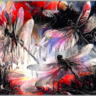 Watercolor Scene of Flowers and Dragonflies in Nature