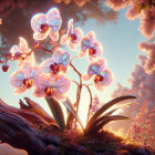 Mother-of-pearl orchids on driftwood with moss and crystals