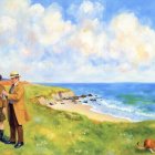 Elegantly Dressed Figures by Colorful Ocean and Lighthouse