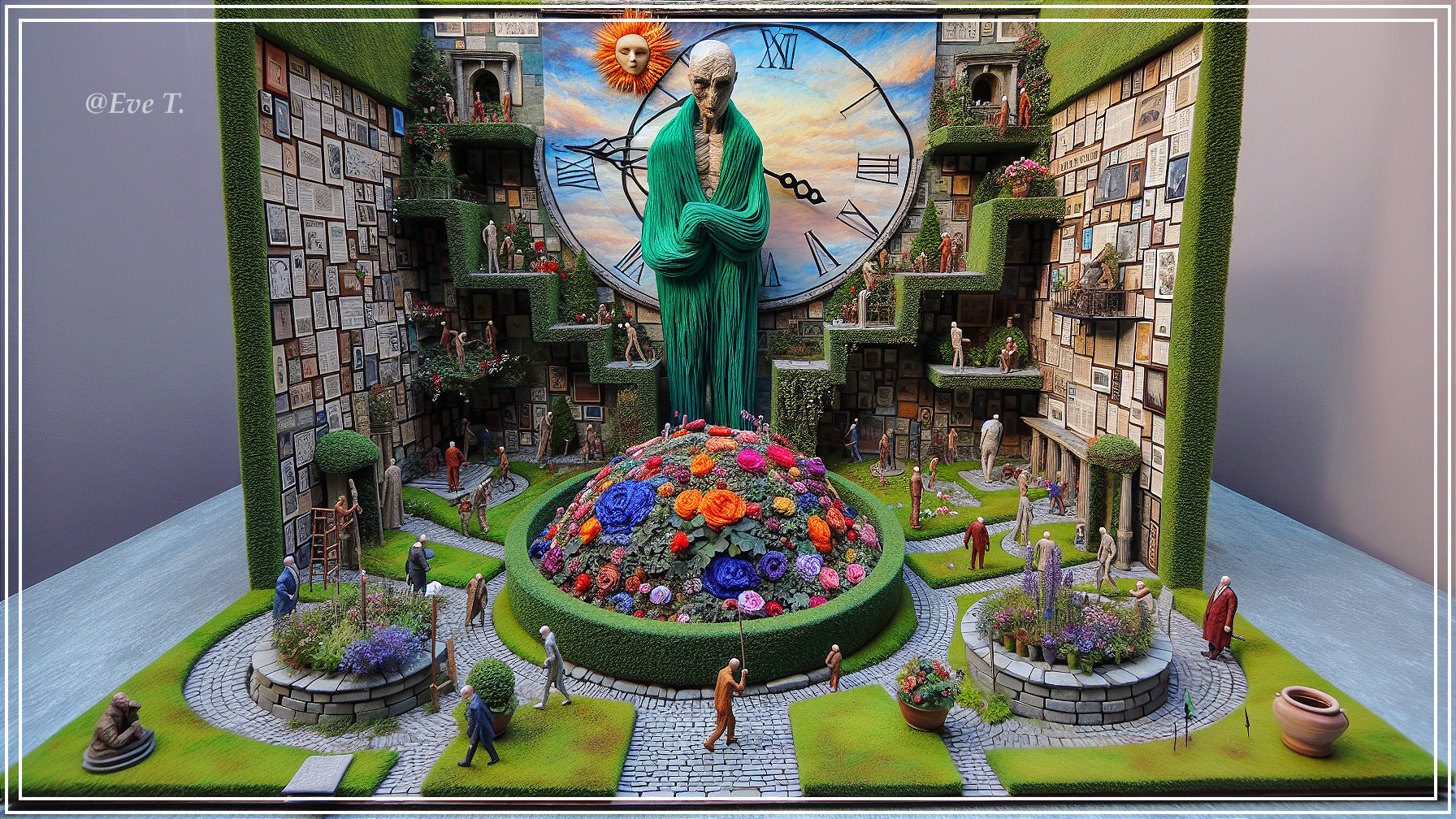 Surreal Diorama with Clock, Figure, and Miniature Scene