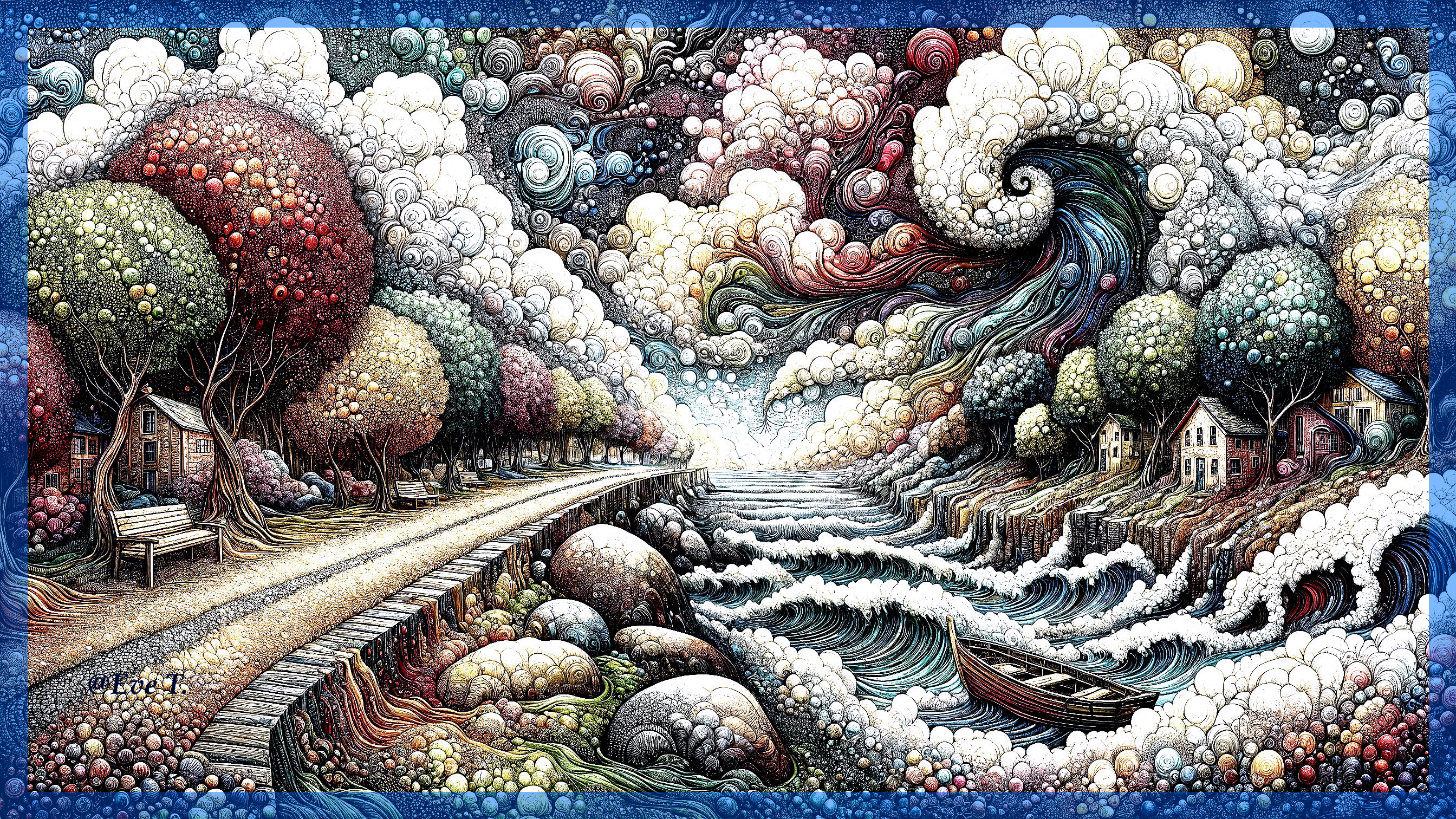 Surreal Landscape with Autumn Colors and Waves