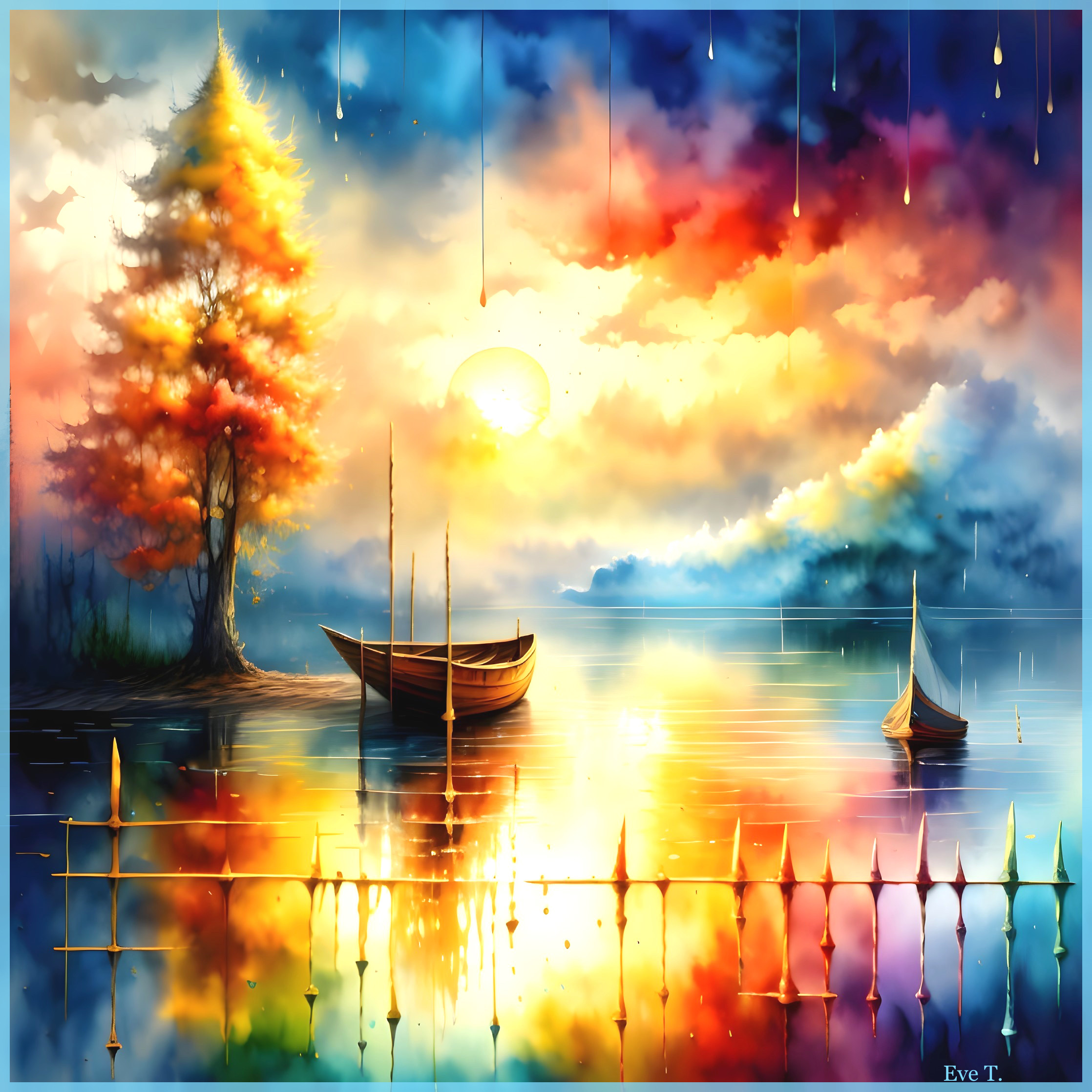 Vibrant Sunset Landscape with Lake and Autumn Tree