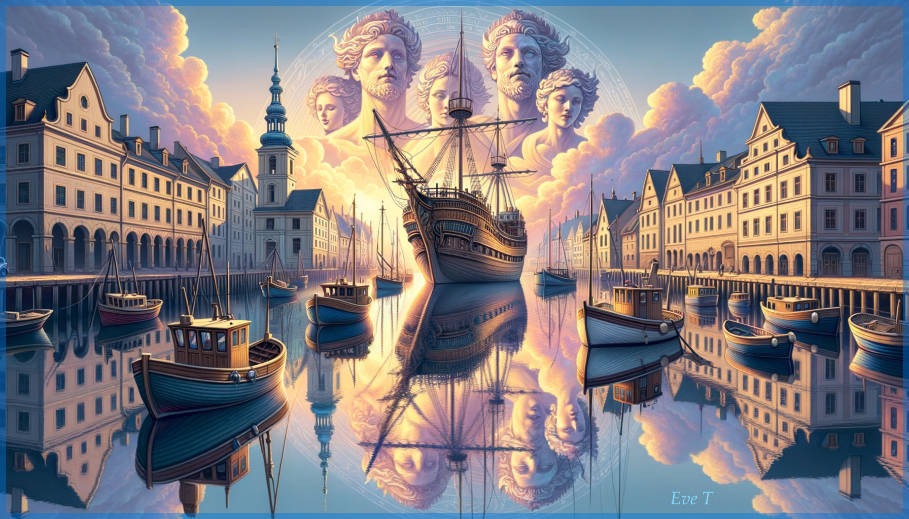 Tranquil Harbor Scene at Dawn with Majestic Ship