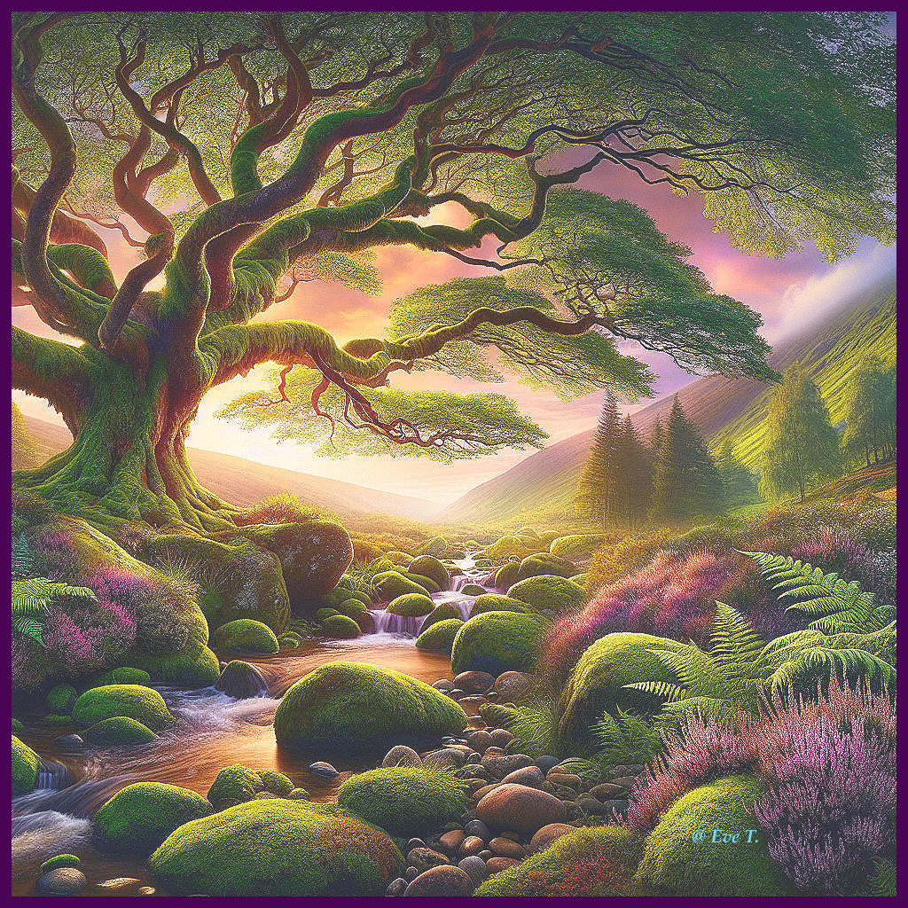 Ancient Tree in Vibrant Landscape with Stream and Flowers